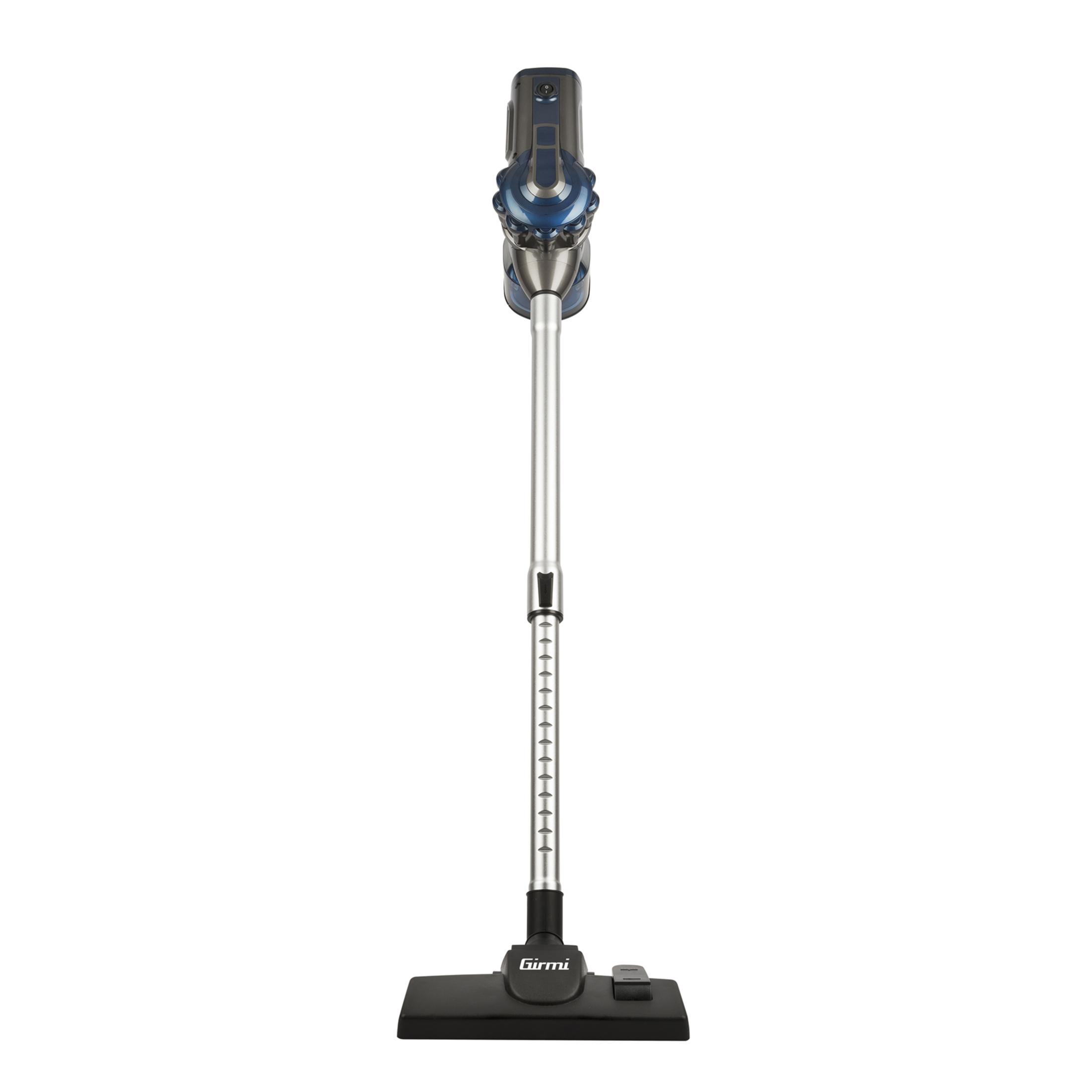 Niebieski i srebrny odkurzacz ręczny z czarną końcówką podłogową.