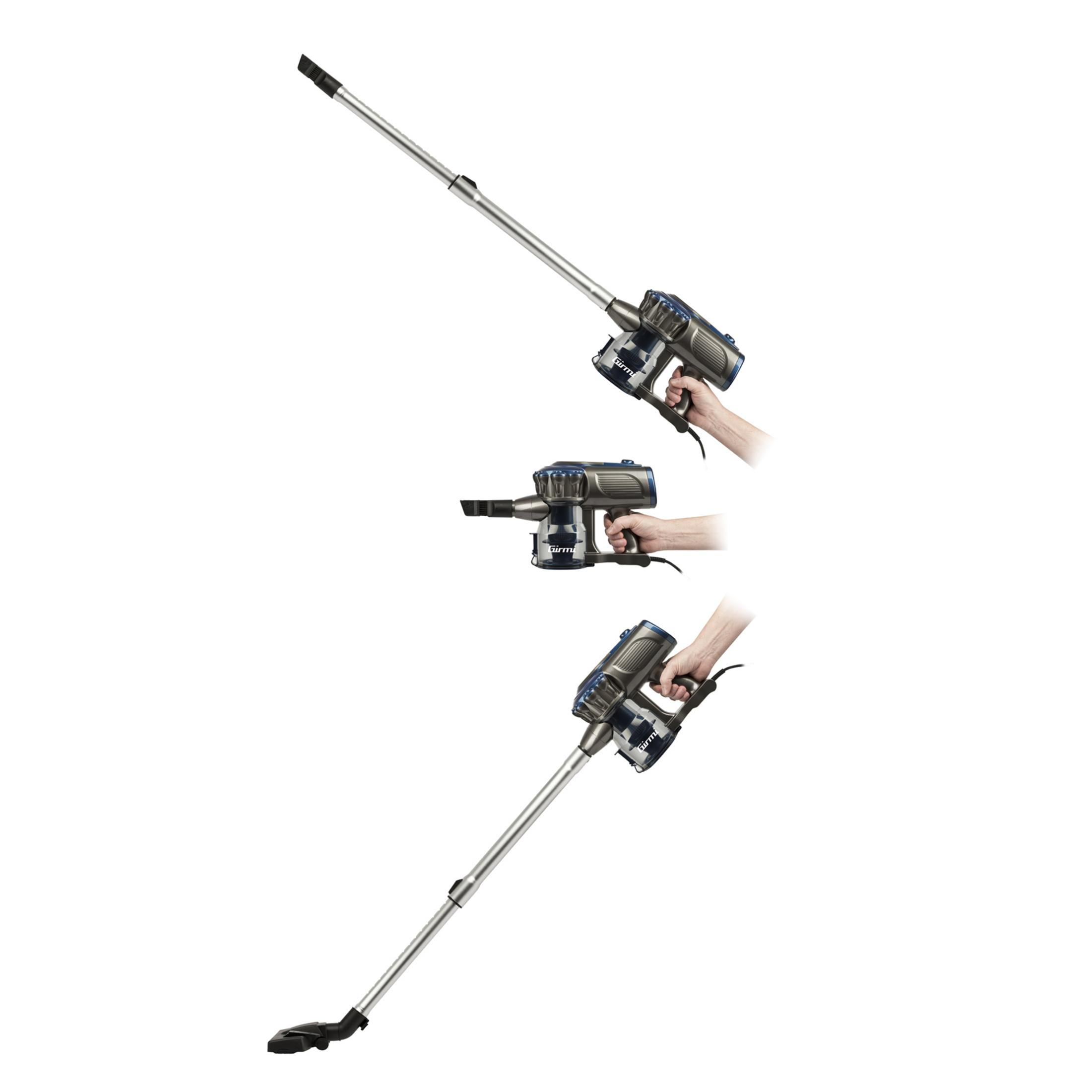 Mężczyzna trzyma odkurzacz bezprzewodowy w trzech różnych konfiguracjach.