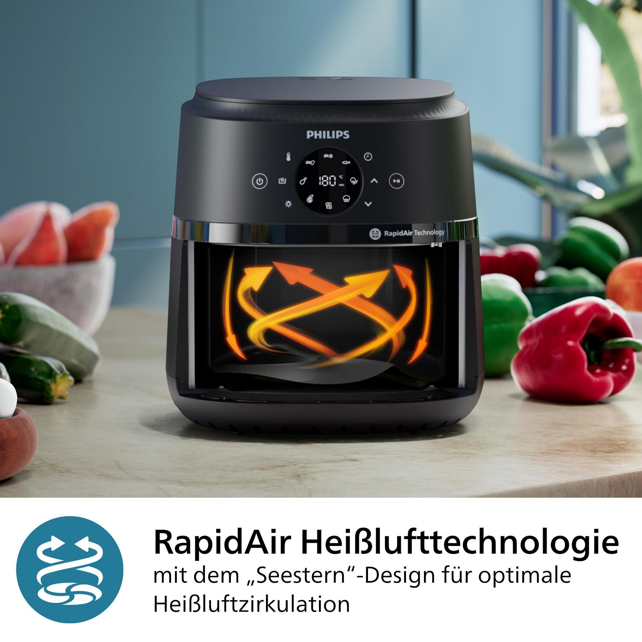 Czarna frytkownica beztłuszczowa z świecącymi pomarańczowymi strzałkami w środku. Warzywa w tle.