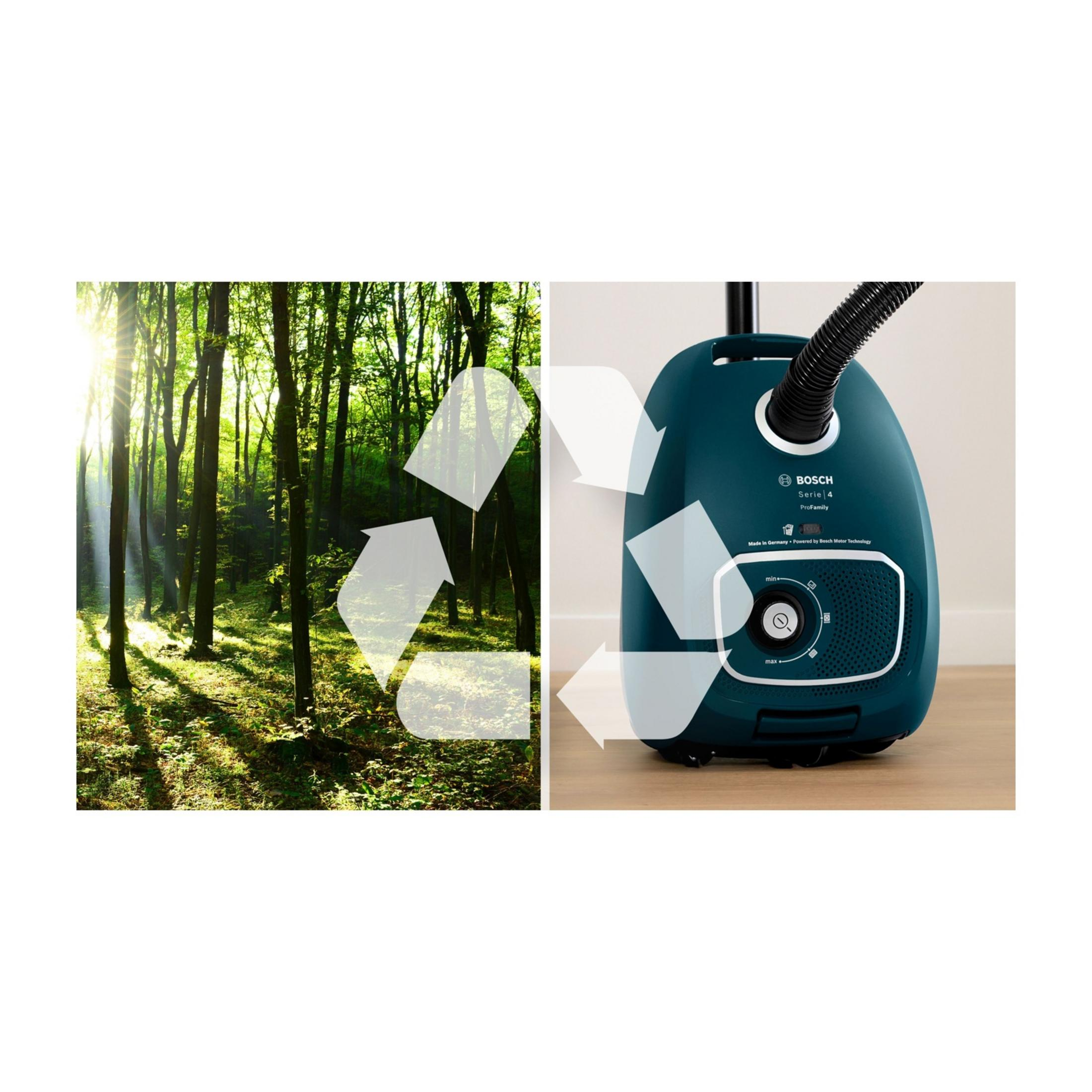 Las i niebieski odkurzacz Bosch z symbolem recyklingu.