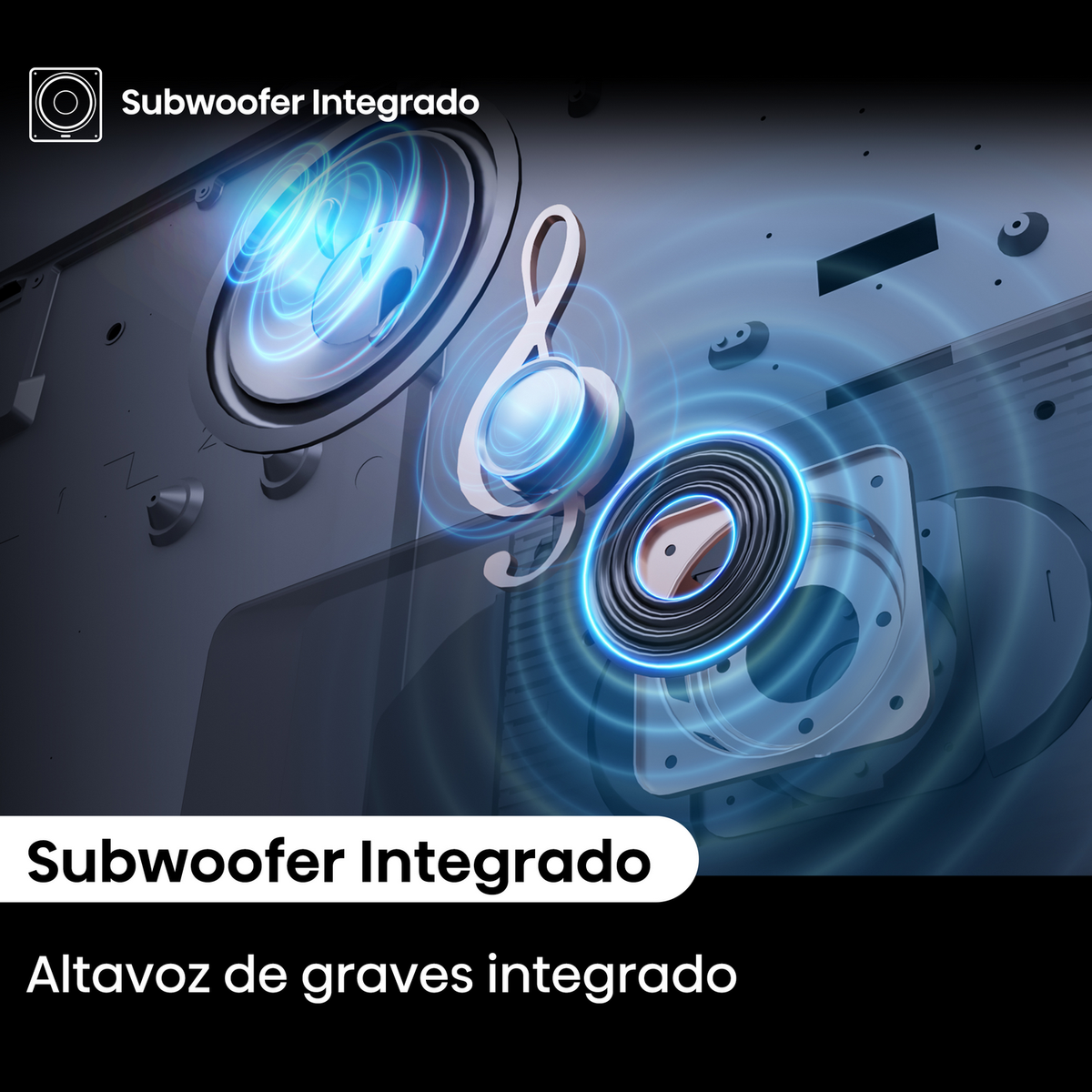 Subwoofer integrato con onde sonore blu e note musicali.