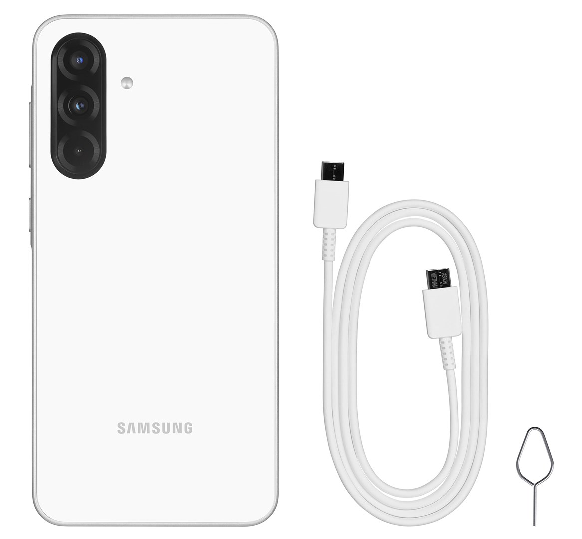 Un smartphone Samsung blanc avec câble et outil SIM.