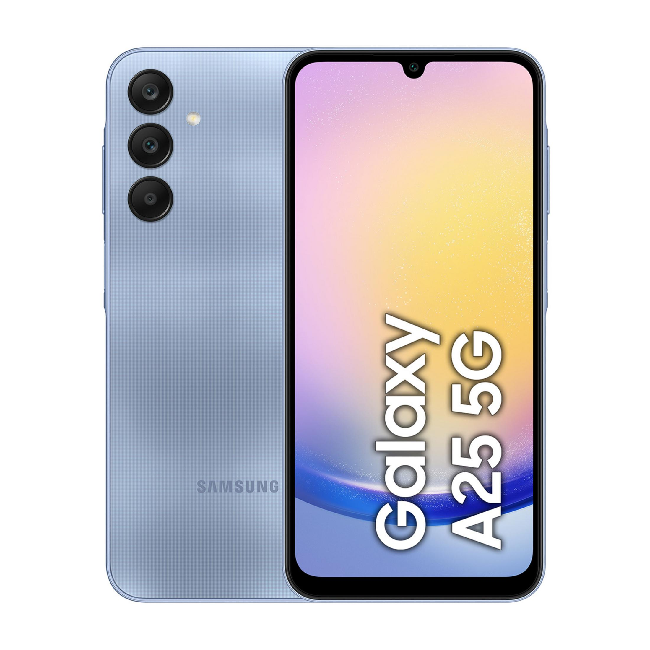 Niebieski smartfon Samsung Galaxy A25 5G z trzema tylnymi aparatami.