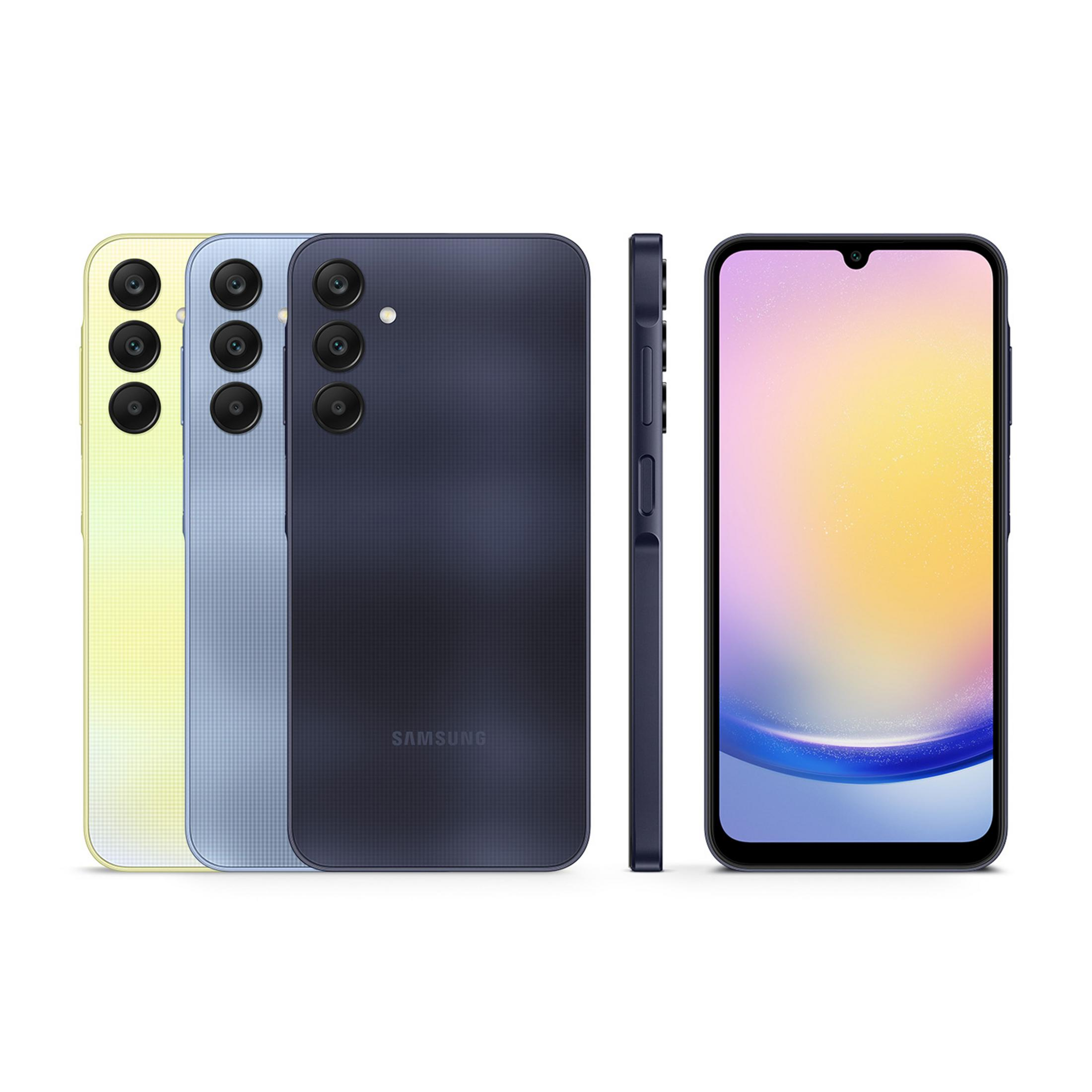 Trzy telefony Samsung w kolorach żółtym, niebieskim i ciemnoniebieskim. Jeden z ekranem.