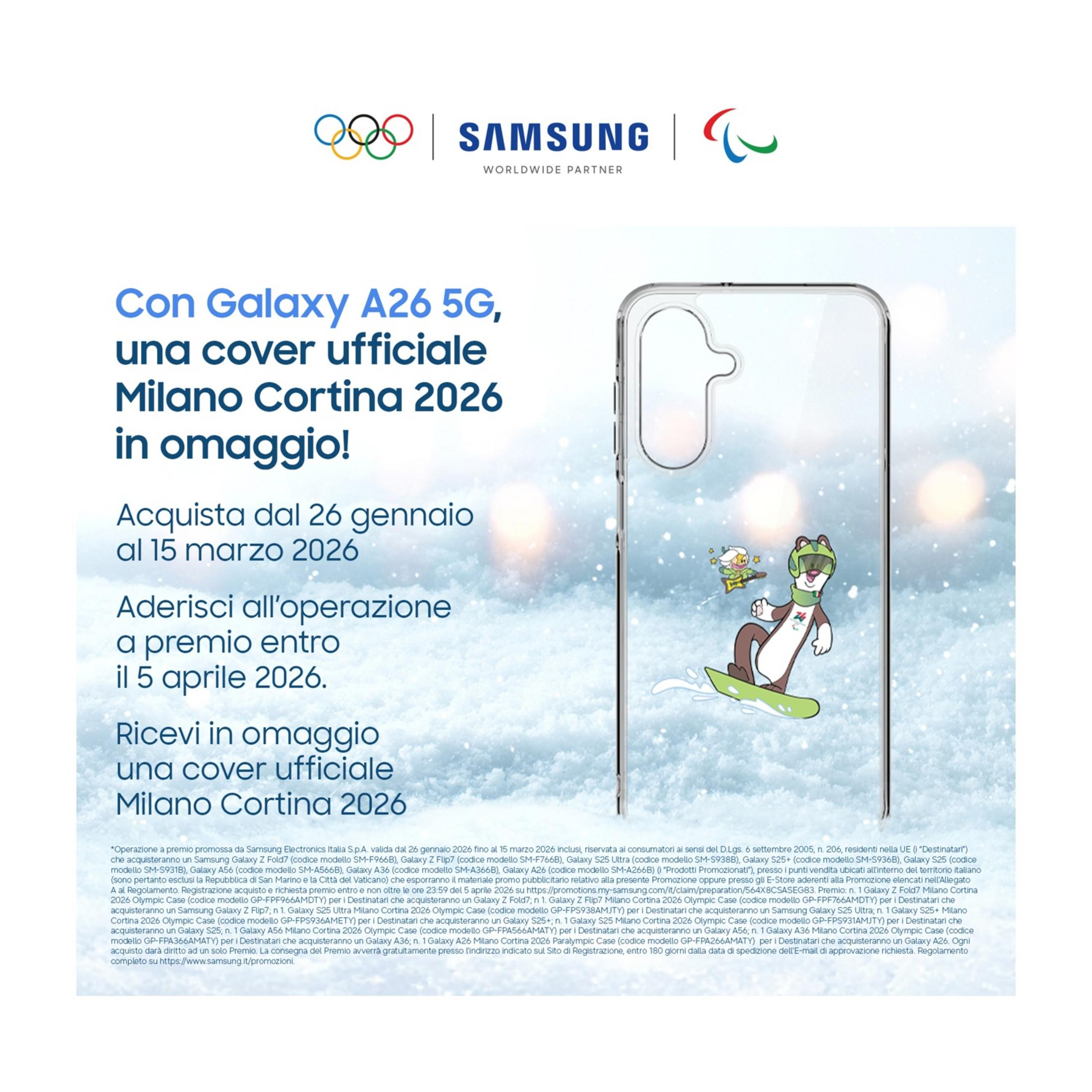 Samsung-Werbung für das Galaxy A26 5G mit einer offiziellen Milano Cortina 2026 Hülle.
