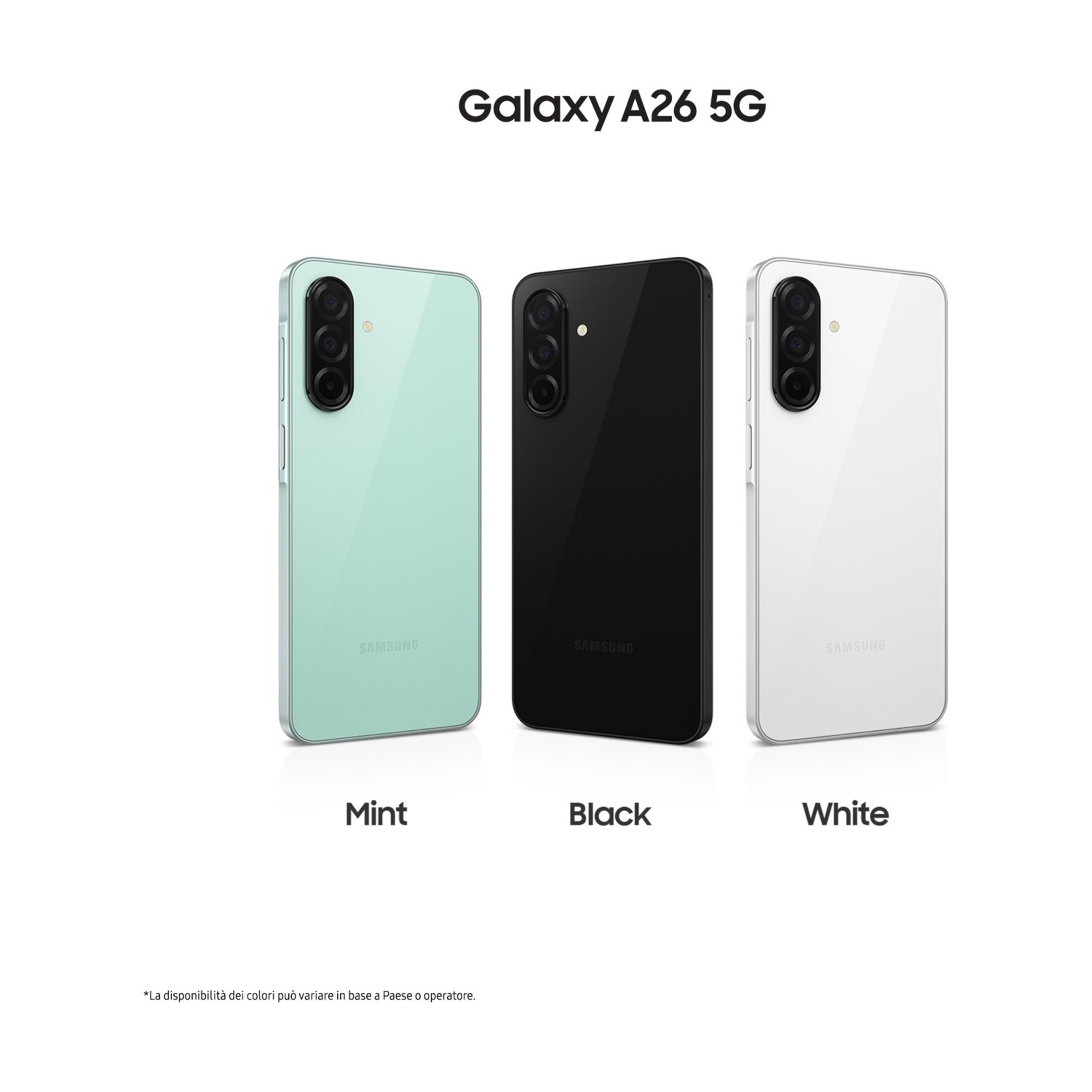 Drei Samsung Galaxy A26 5G Handys in Mint, Schwarz und Weiß.