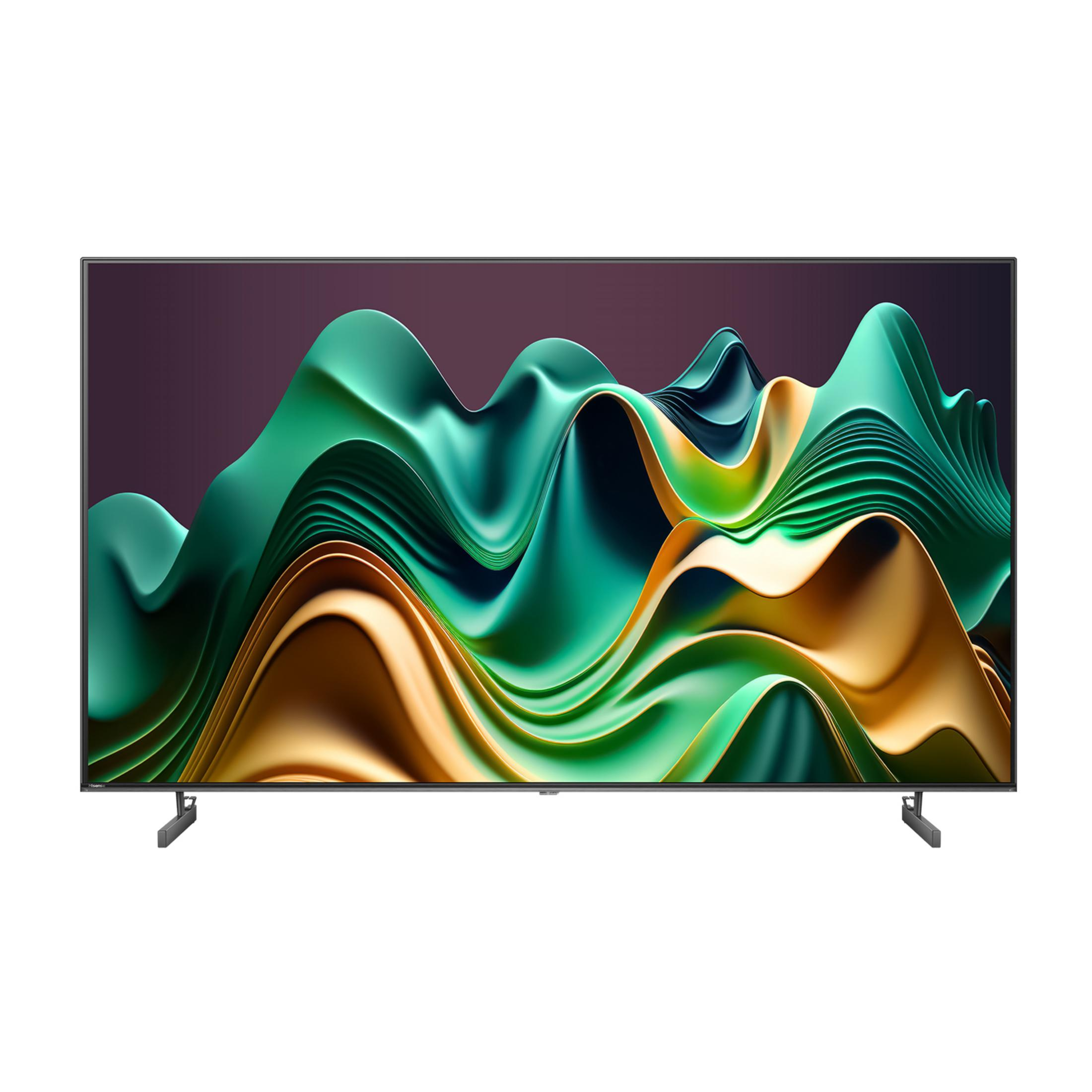 Un televisor moderno que muestra un patrón abstracto y ondulado en tonos verdes y dorados.