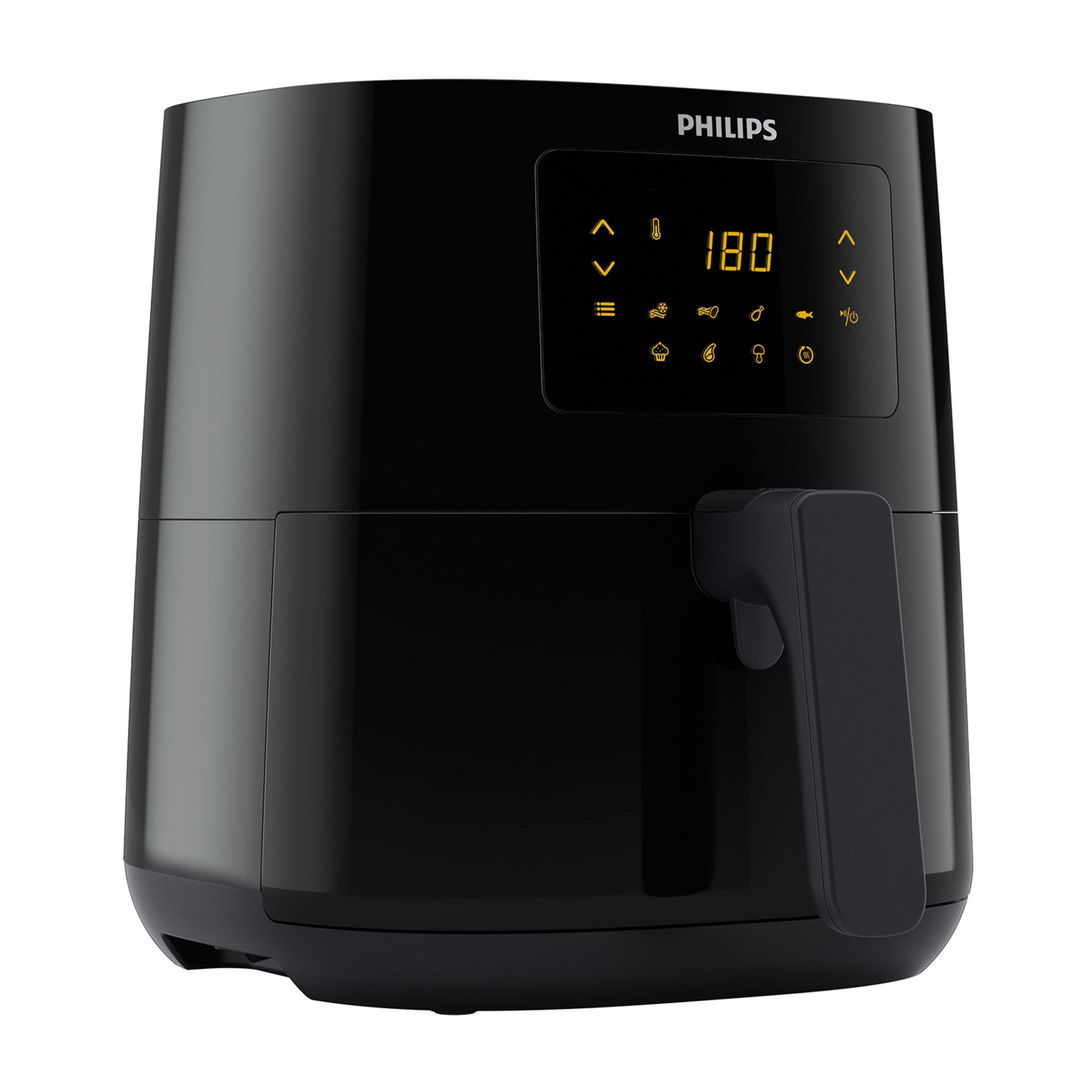 Friggitrice ad aria Philips nera con display digitale che mostra 180°C.