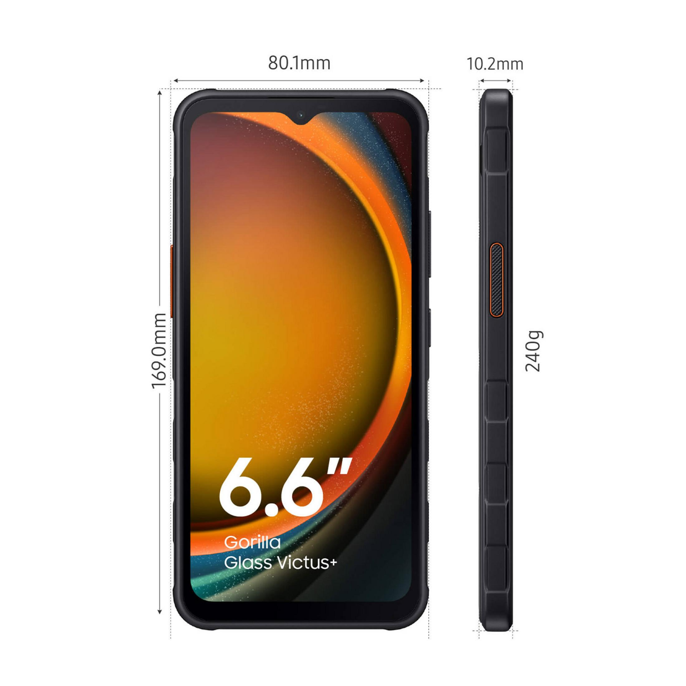Czarny smartfon z ekranem 6,6 cala, wymiary 169x80,1x10,2mm, waga 240g.