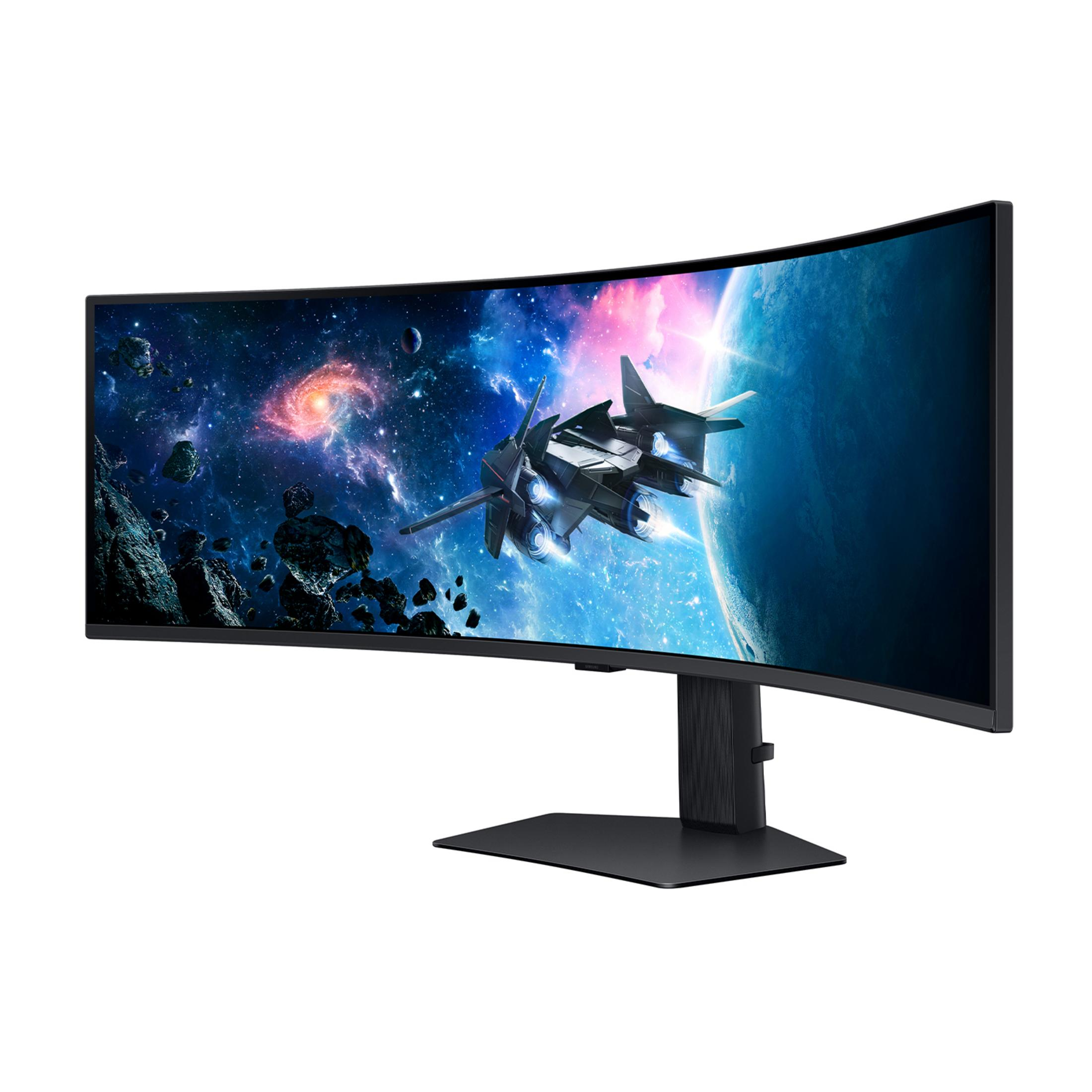 Zakrzywiony monitor gamingowy pokazuje statek kosmiczny na tle kosmicznym z planetami i asteroidami.