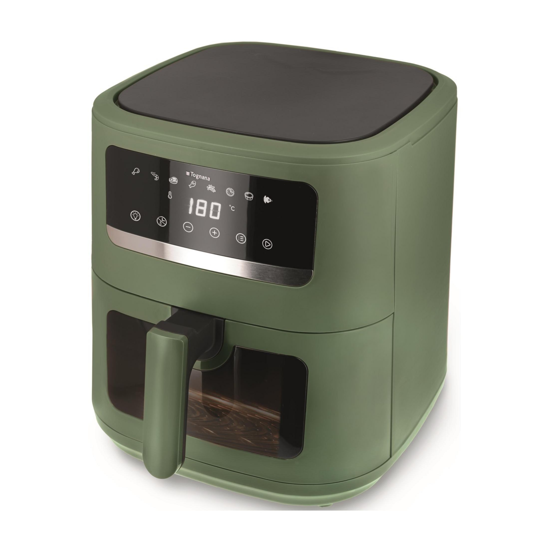 Una friggitrice ad aria verde con display digitale e finestre di visualizzazione.