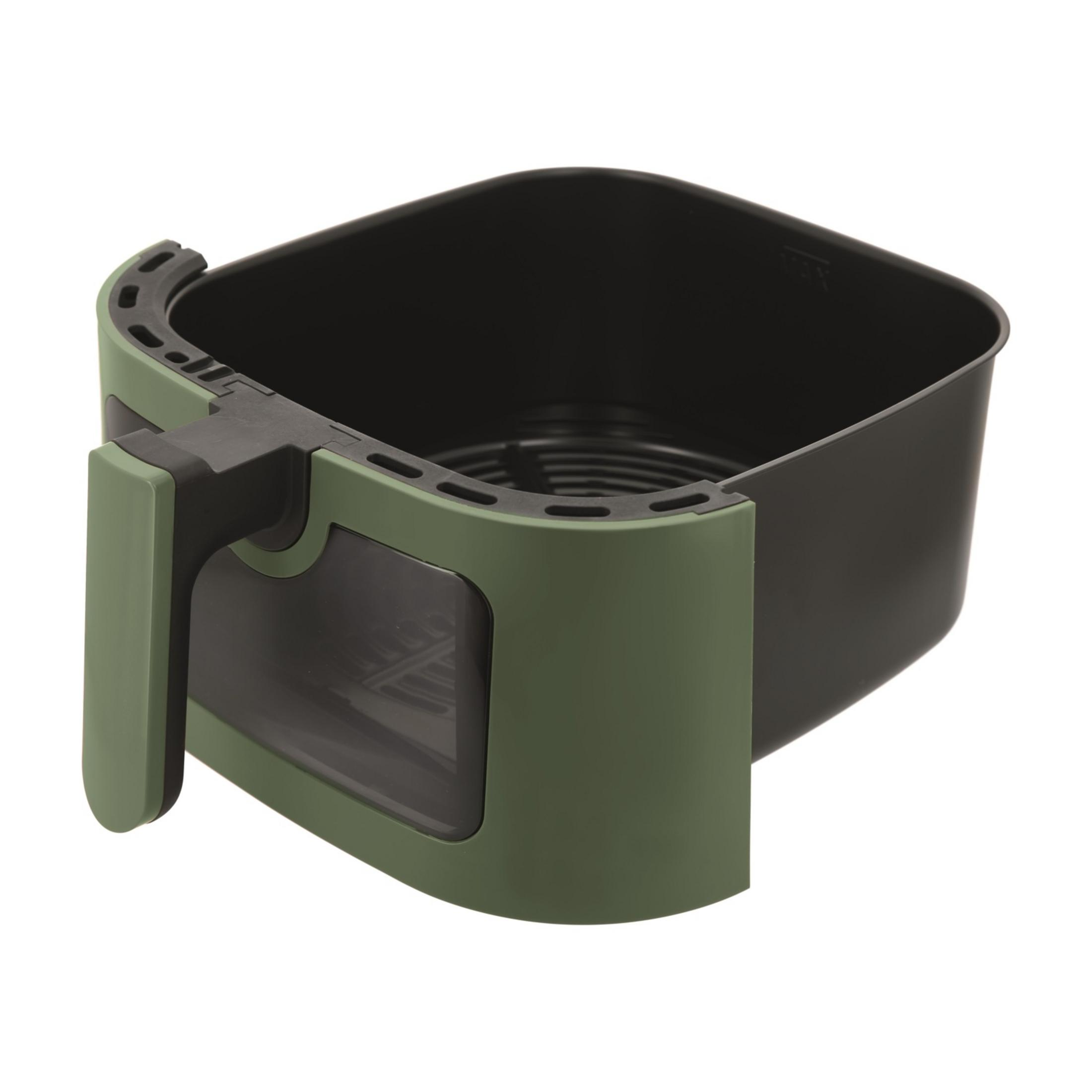 Un cestello per friggitrice ad aria verde e nero con manico.