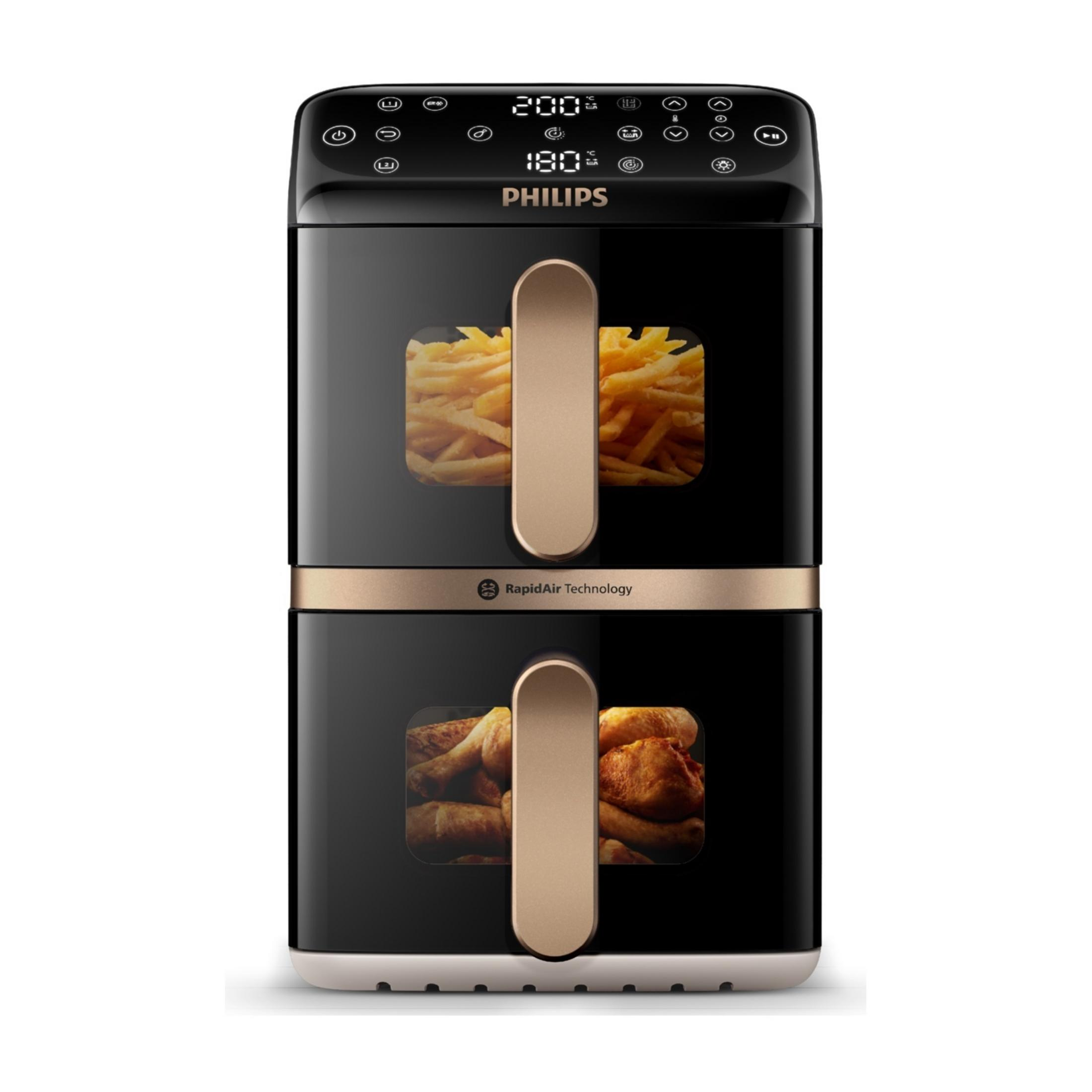 Ein zweistufiger Philips Heißluftfritteuse mit Pommes und Hähnchen.