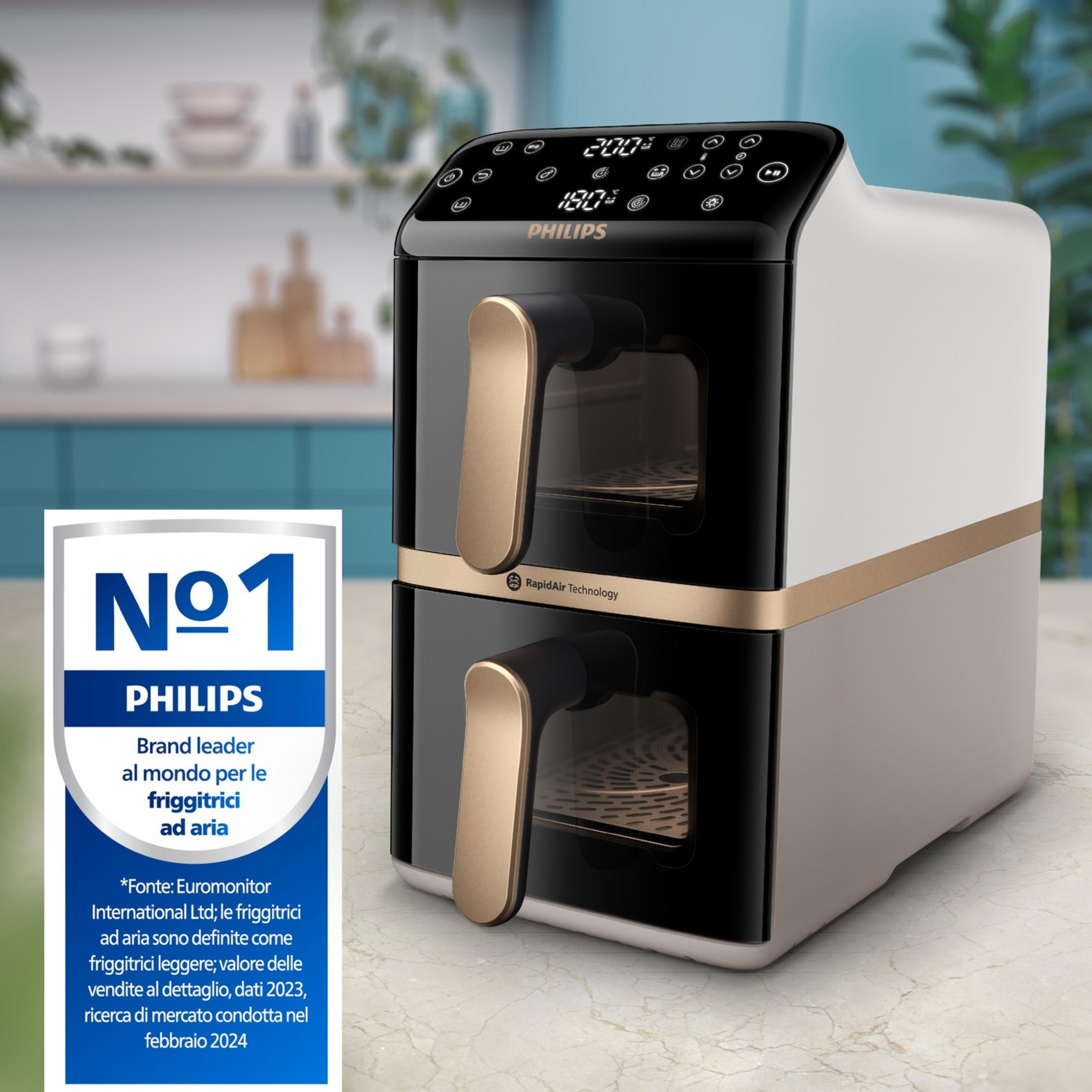 Philips Heißluftfritteuse mit zwei Kammern und goldenen Griffen. Oben: Nr. 1 Philips Brand Leader.
