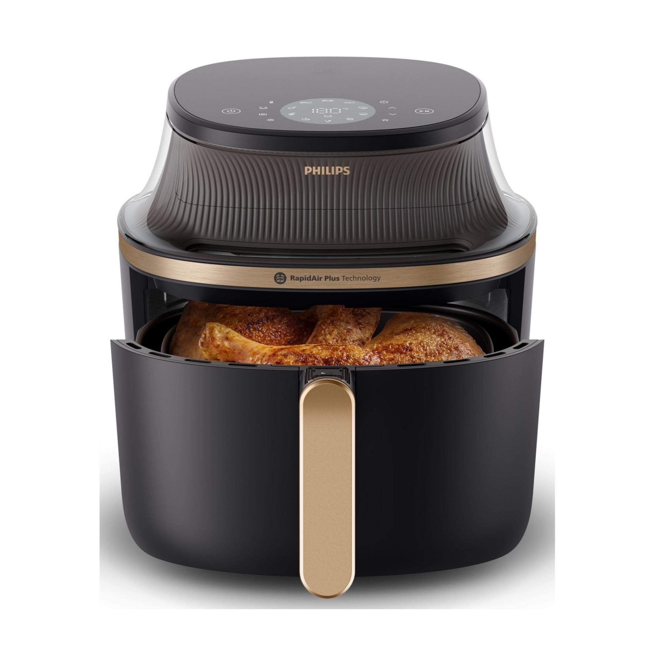 Czarna frytkownica beztłuszczowa Philips ze złotym wykończeniem i kurczakiem.