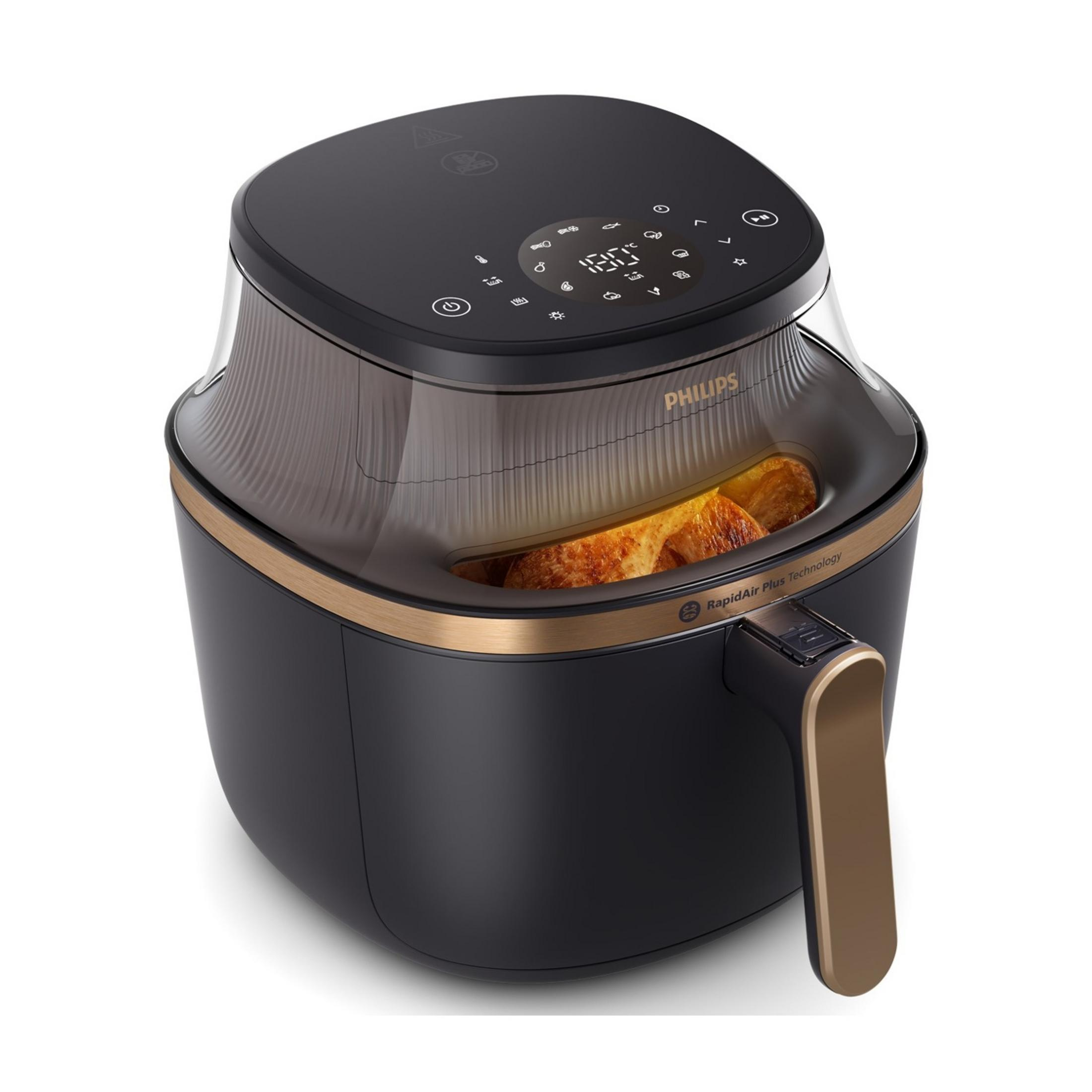 Czarna frytkownica beztłuszczowa Philips ze złotym wykończeniem i jedzeniem.