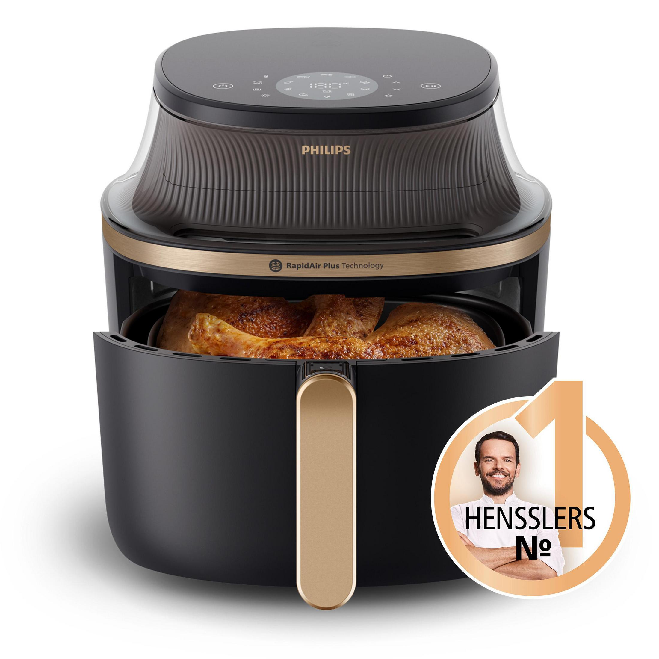 Czarna frytkownica beztłuszczowa Philips z pieczonym kurczakiem i mężczyzną z logo "Nr 1".