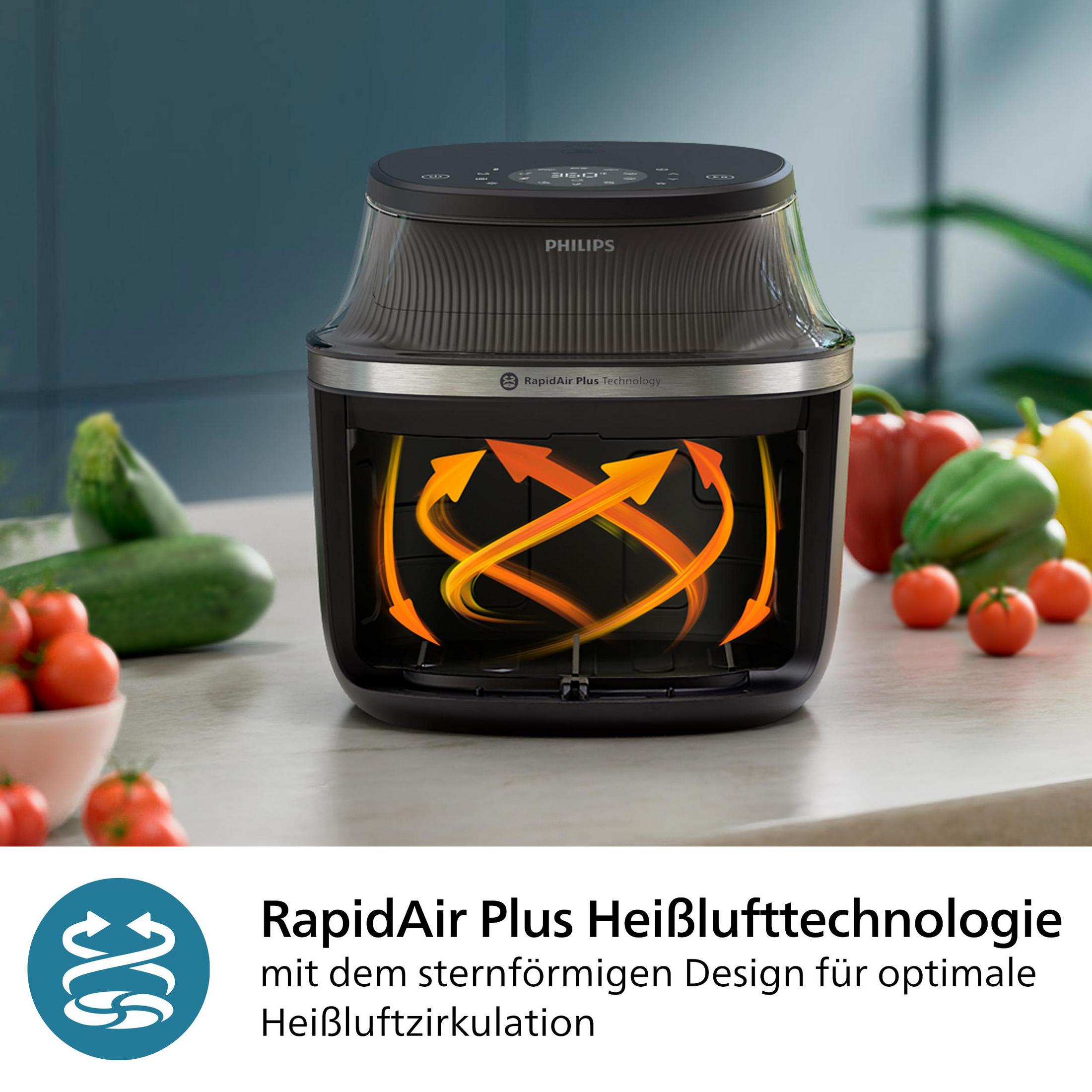 Frytkownica Philips z cyrkulującym gorącym powietrzem i warzywami.