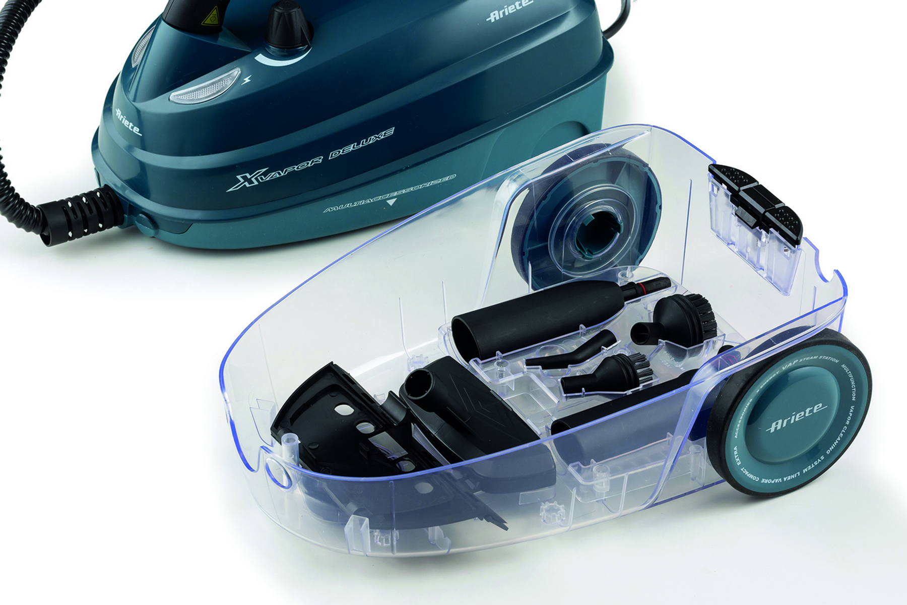 Dampfreiniger mit Zubehör im transparenten Behälter, auf weißem Hintergrund.