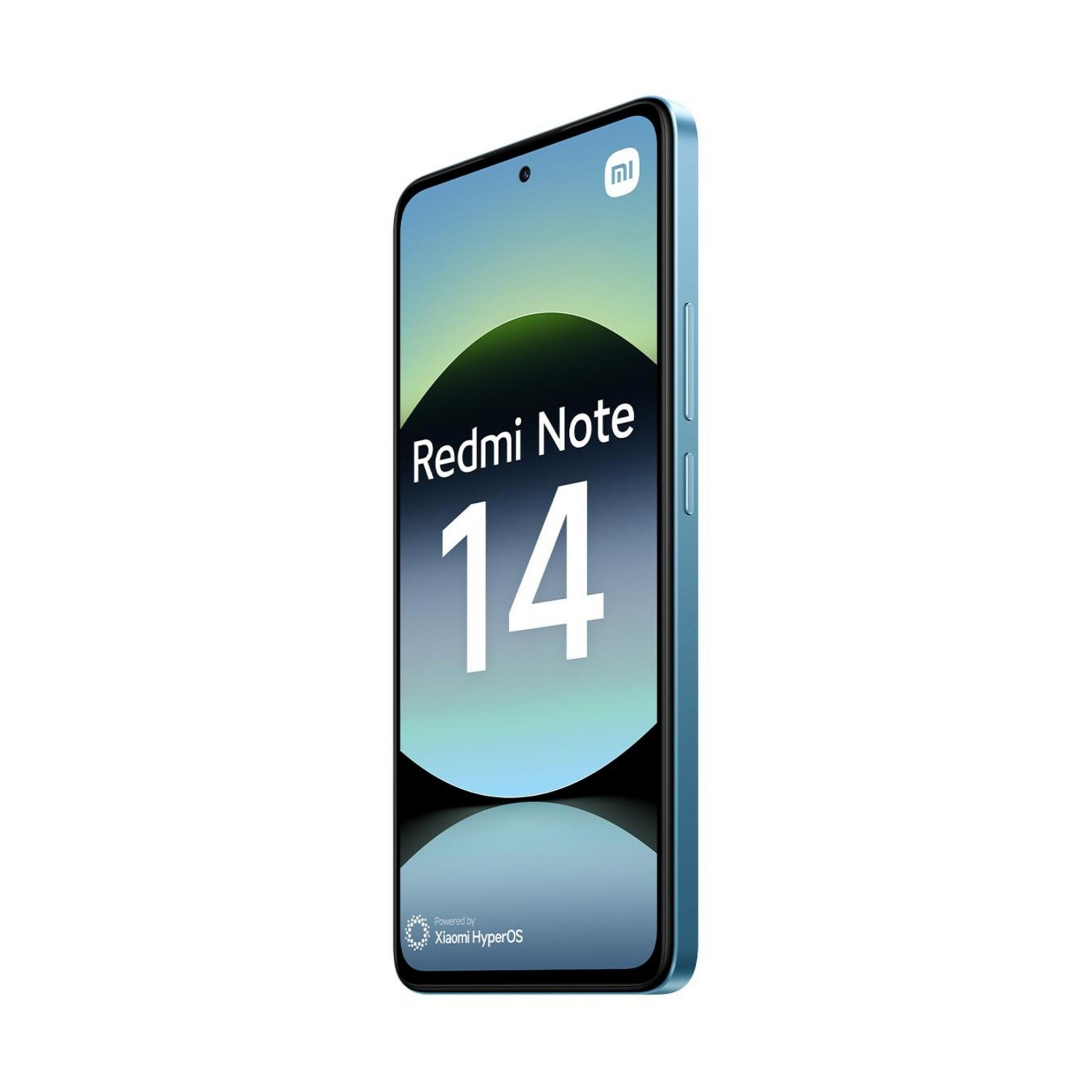 Niebieski smartfon Redmi Note 14 z logo Xiaomi HyperOS.