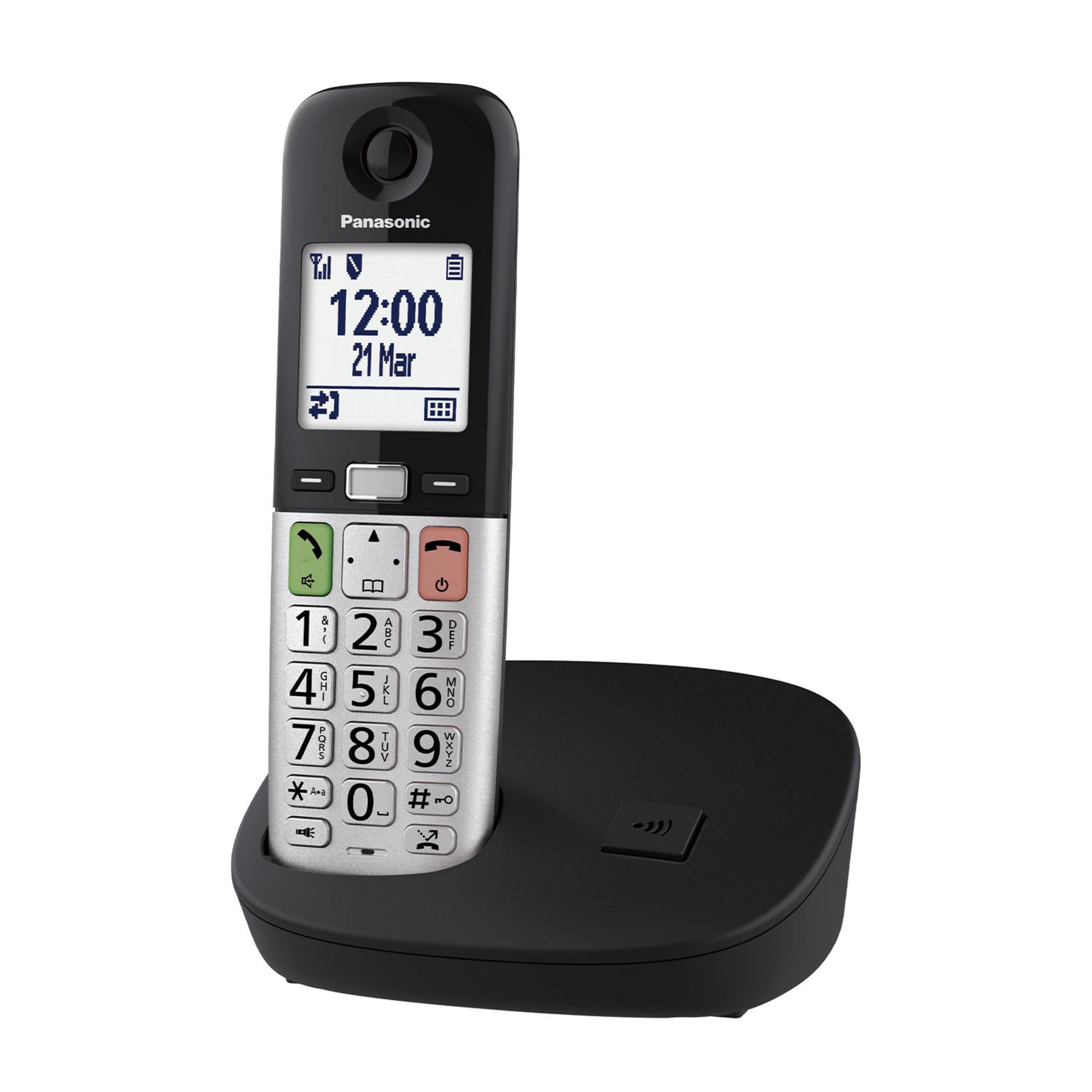 Ein schwarzes schnurloses Panasonic-Telefon mit silberner Vorderseite steht auf einer Ladestation.