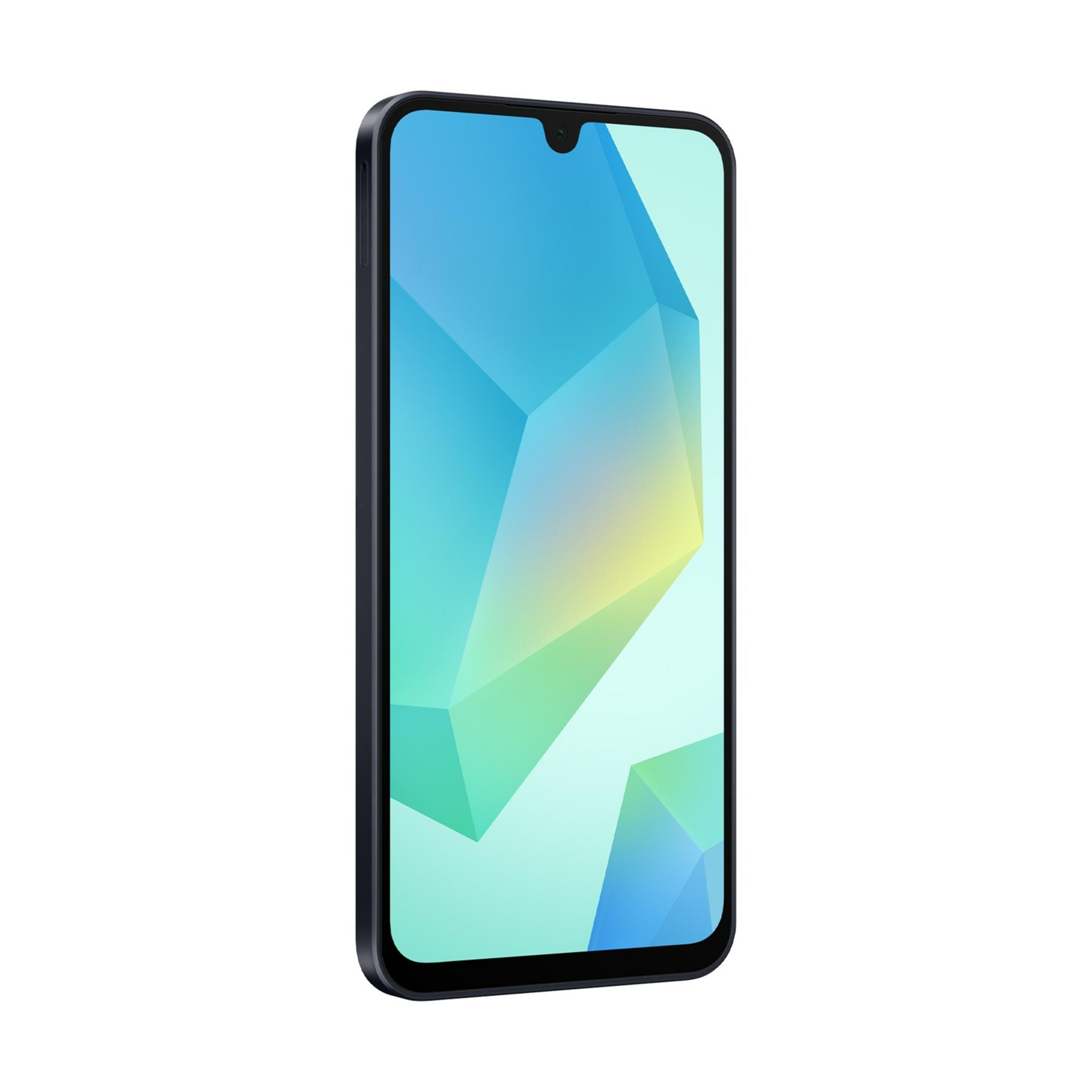 Uno smartphone scuro con uno sfondo astratto e colorato sullo schermo.