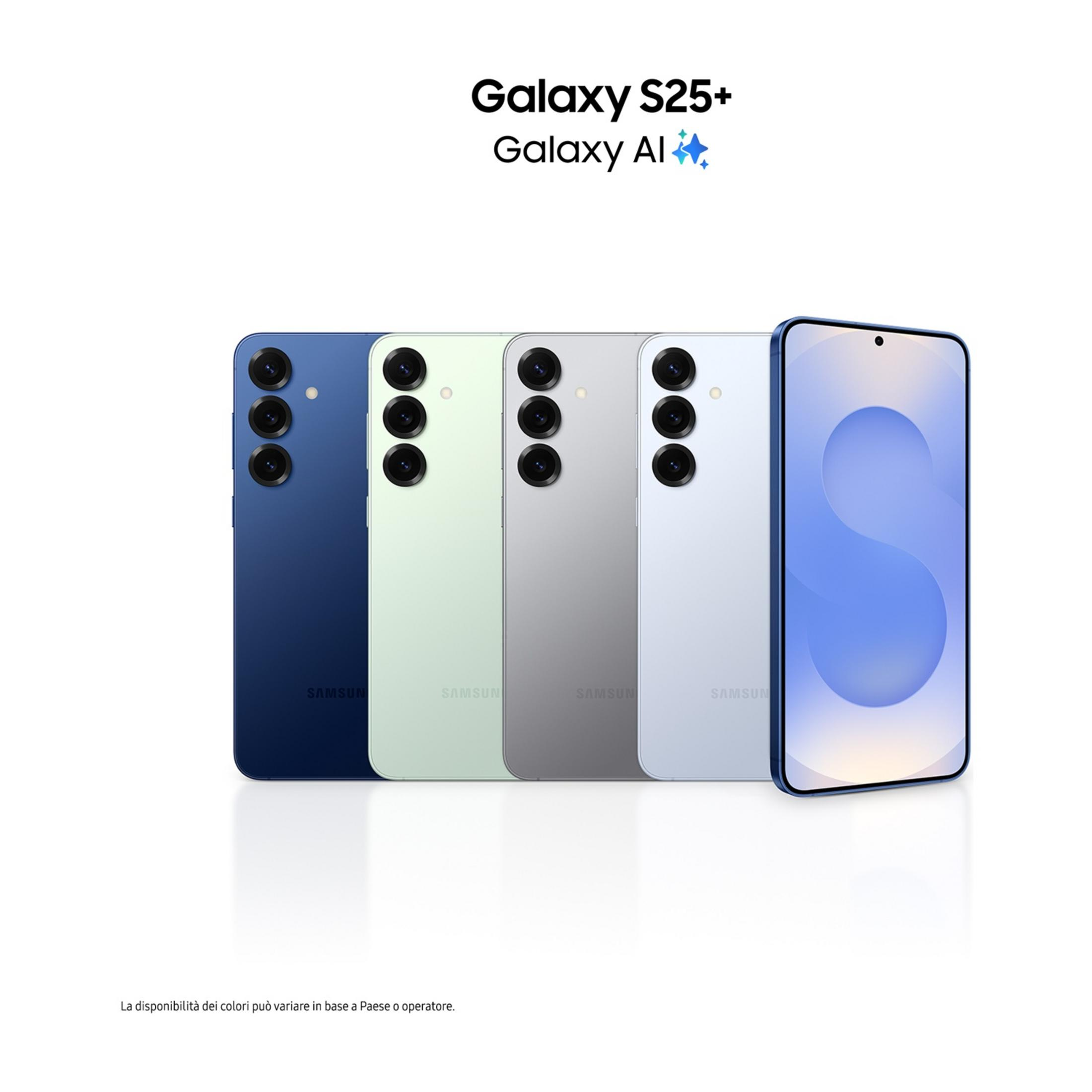 Cztery telefony Samsung Galaxy S25+ w kolorach niebieskim, zielonym, szarym i jasnoniebieskim obok siebie.