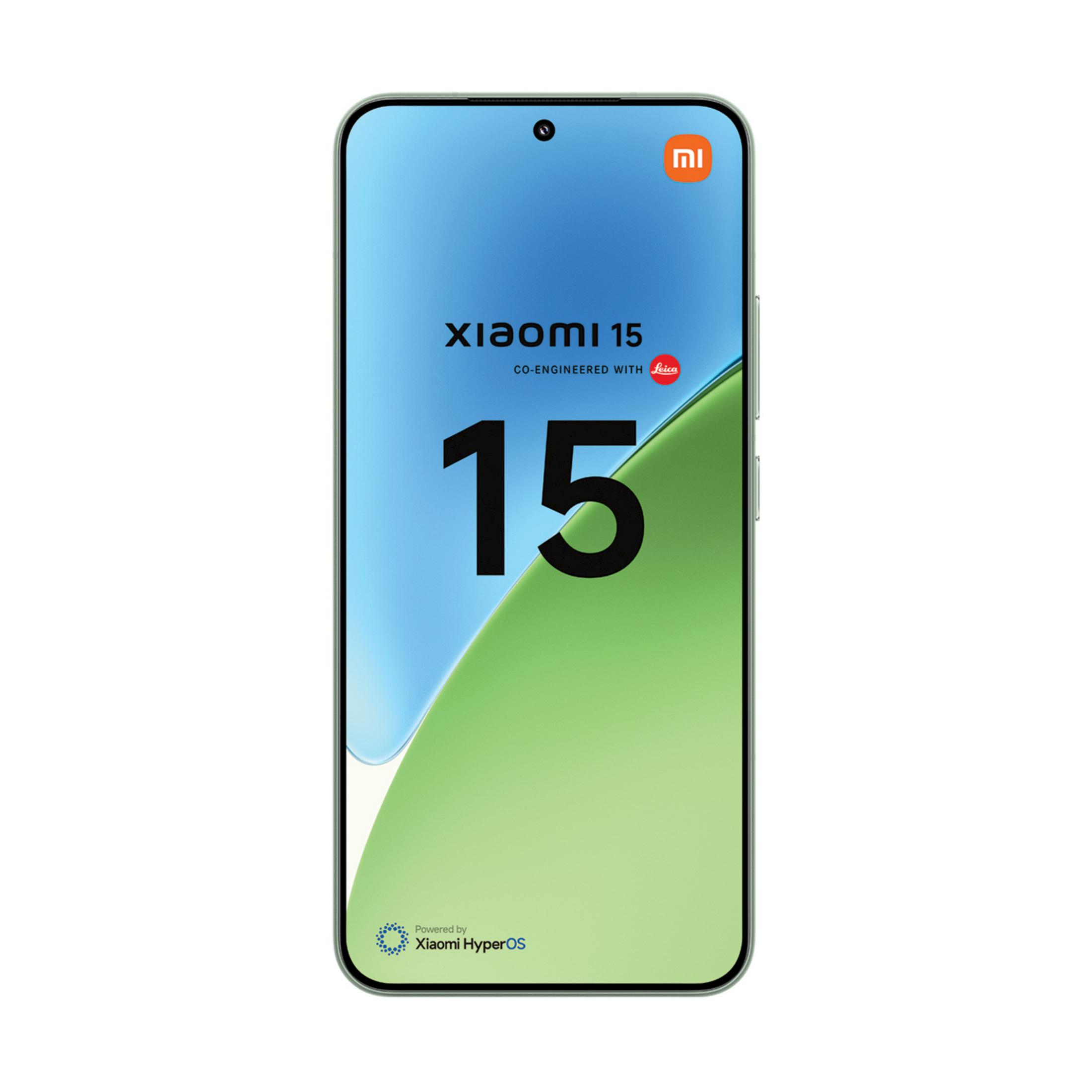 A Xiaomi 15 smartphone featuring Leica branding and the Xiaomi HyperOS logo.