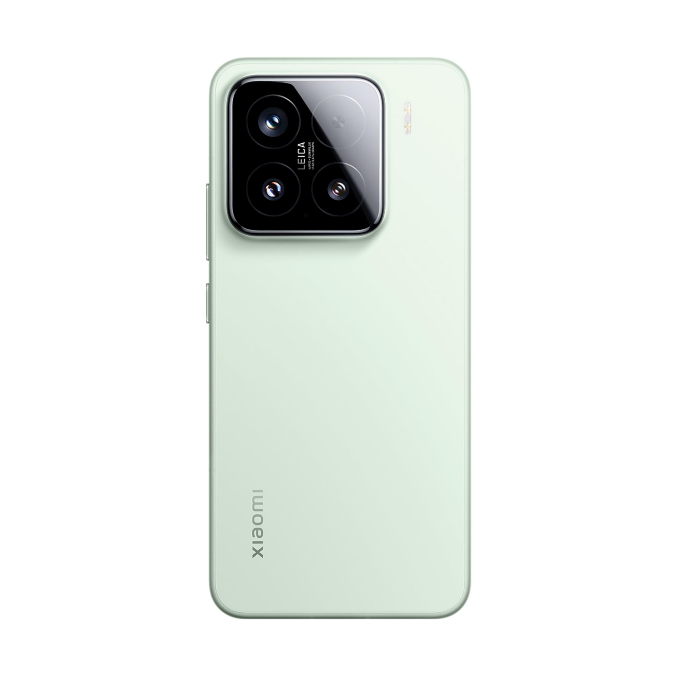 A light green Xiaomi smartphone with a triple Leica camera.