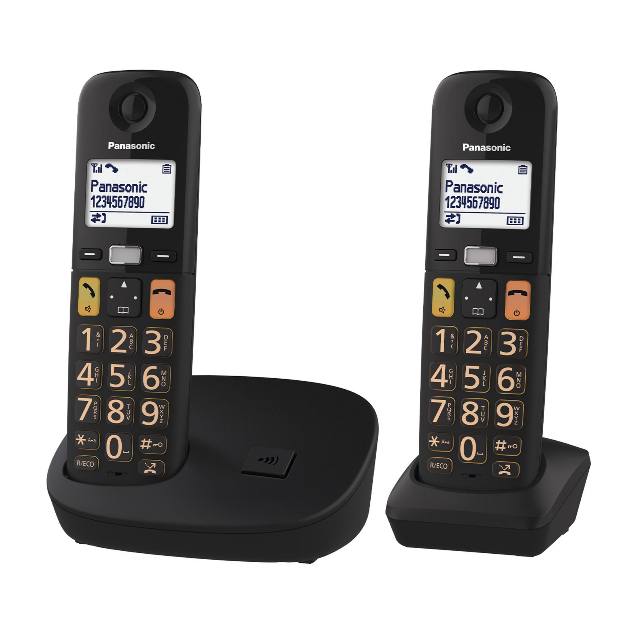 Deux téléphones Panasonic noirs sur une base de chargement, avec boutons.