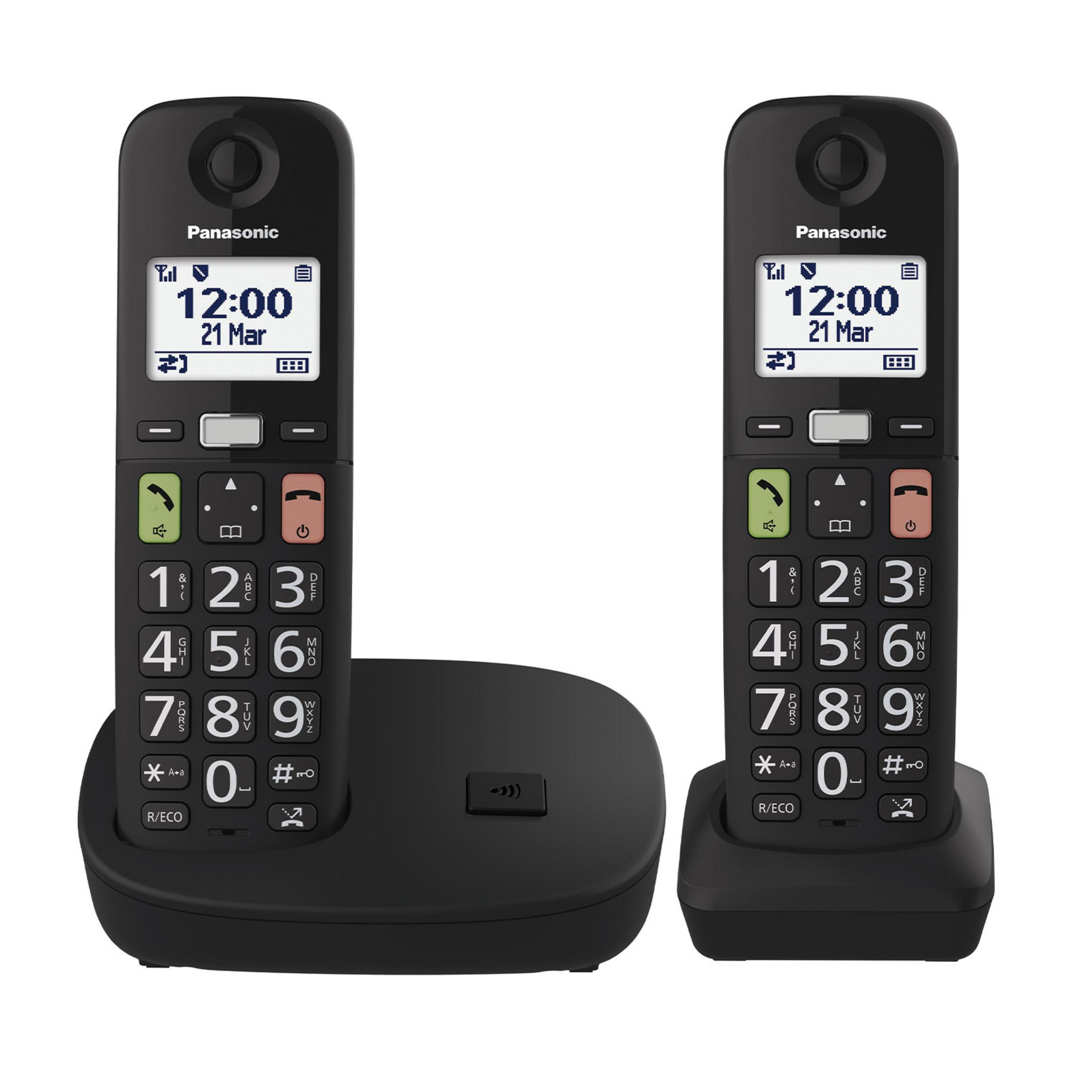 Deux téléphones sans fil Panasonic noirs avec clavier et écran sur socle de chargement.