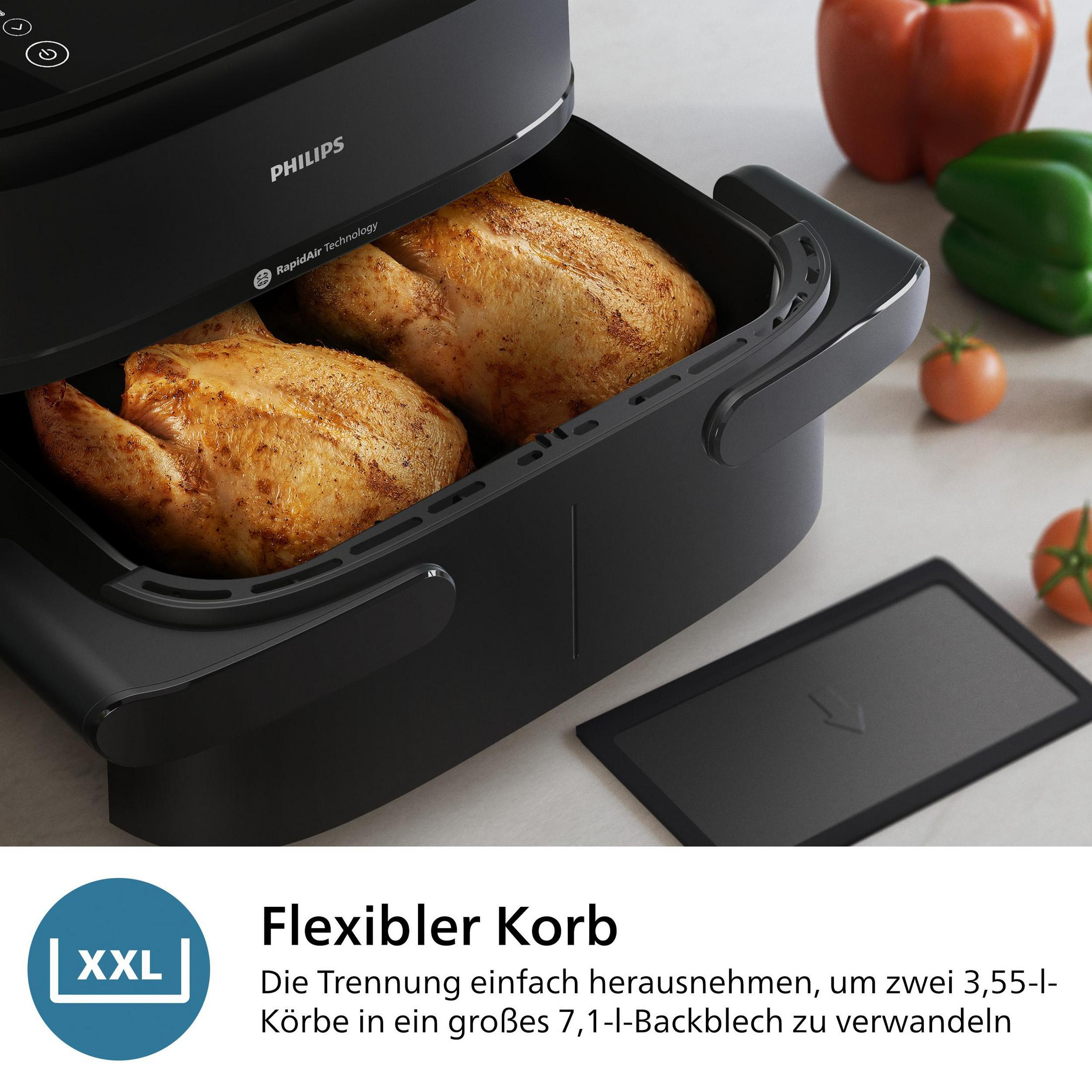 Dwa złociste kurczaki w czarnym koszu frytkownicy beztłuszczowej Philips.