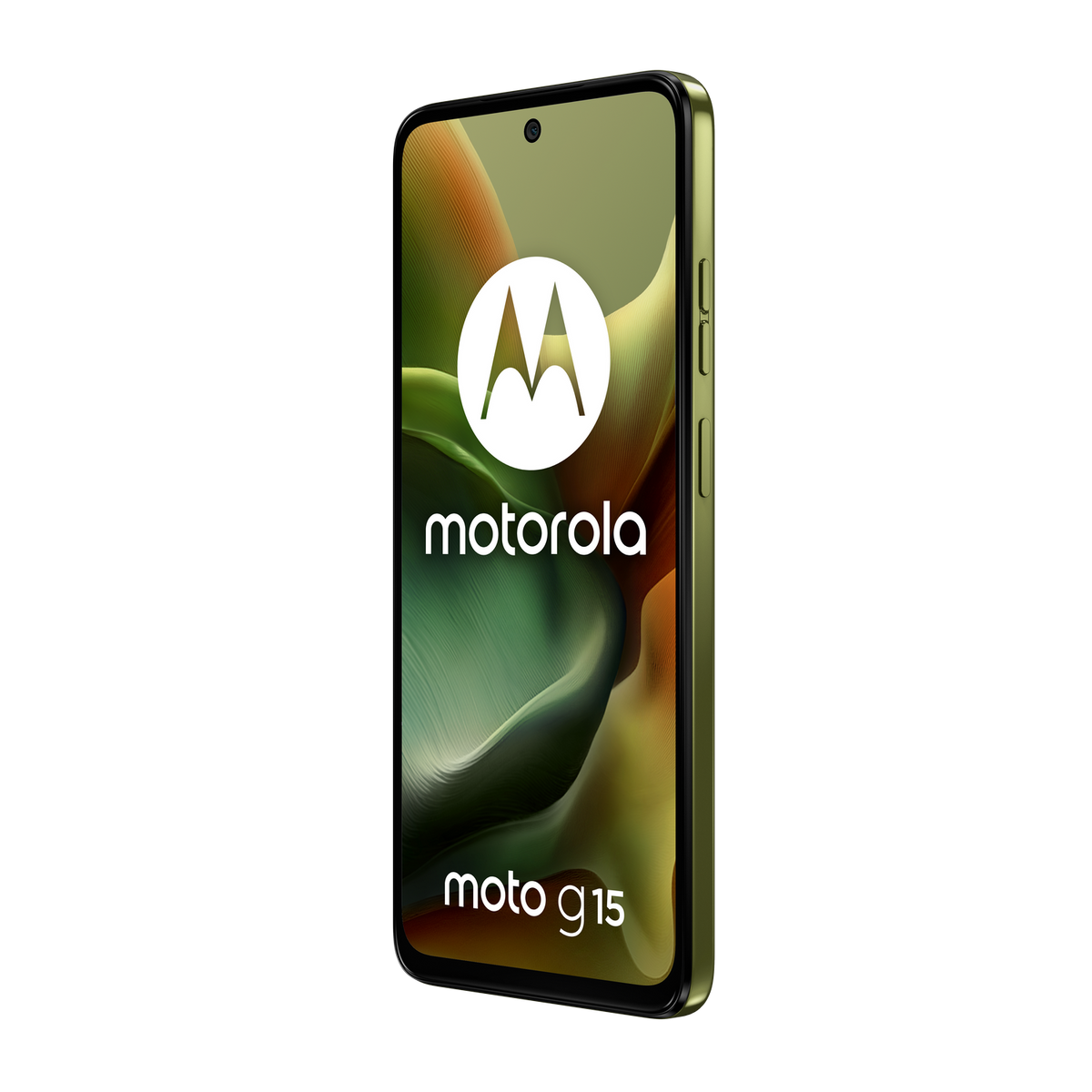 Un smartphone Motorola Moto G15 verde que muestra el logo y texto de Motorola.