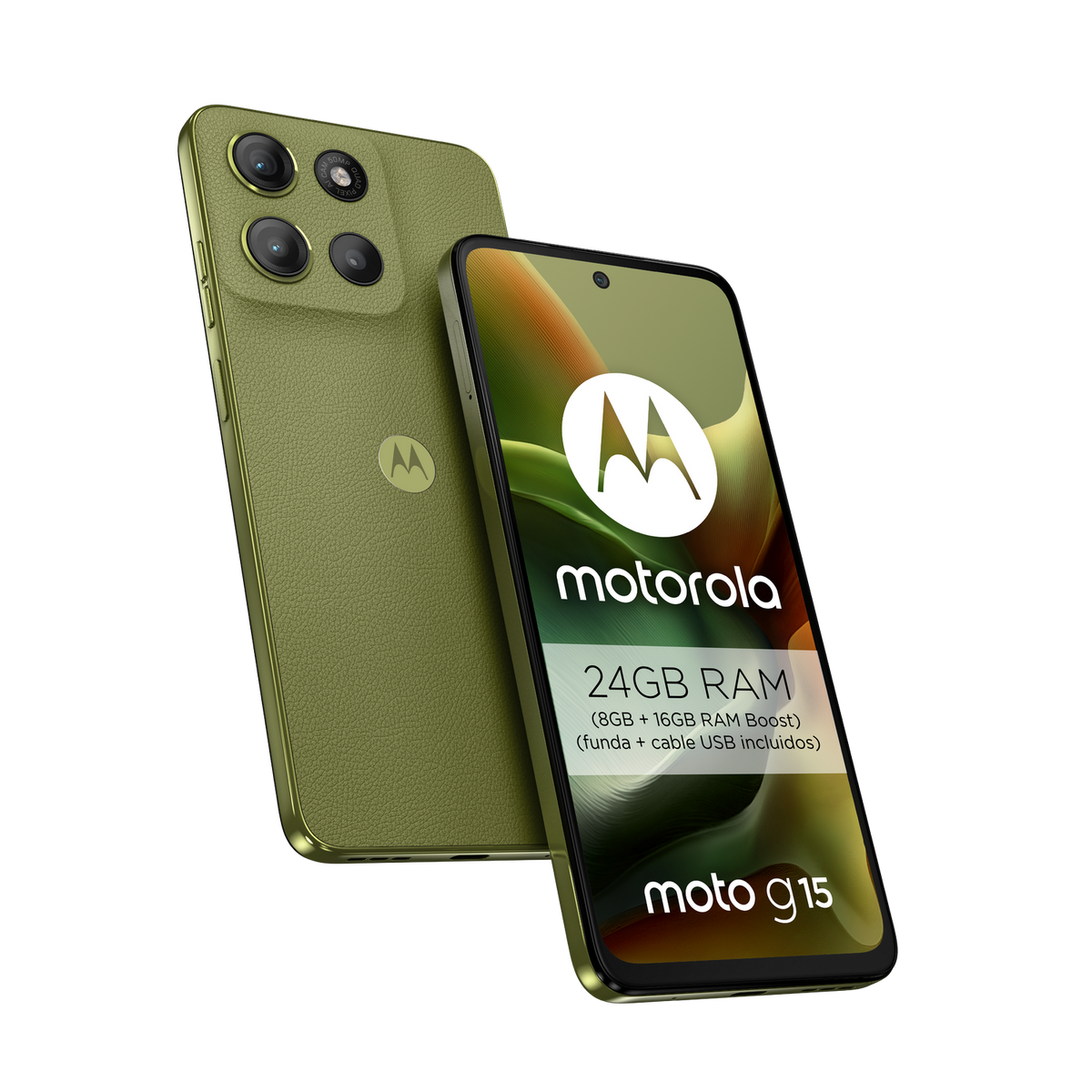 Teléfono Motorola moto g15 verde con 24GB RAM mostrado de frente y de espaldas.