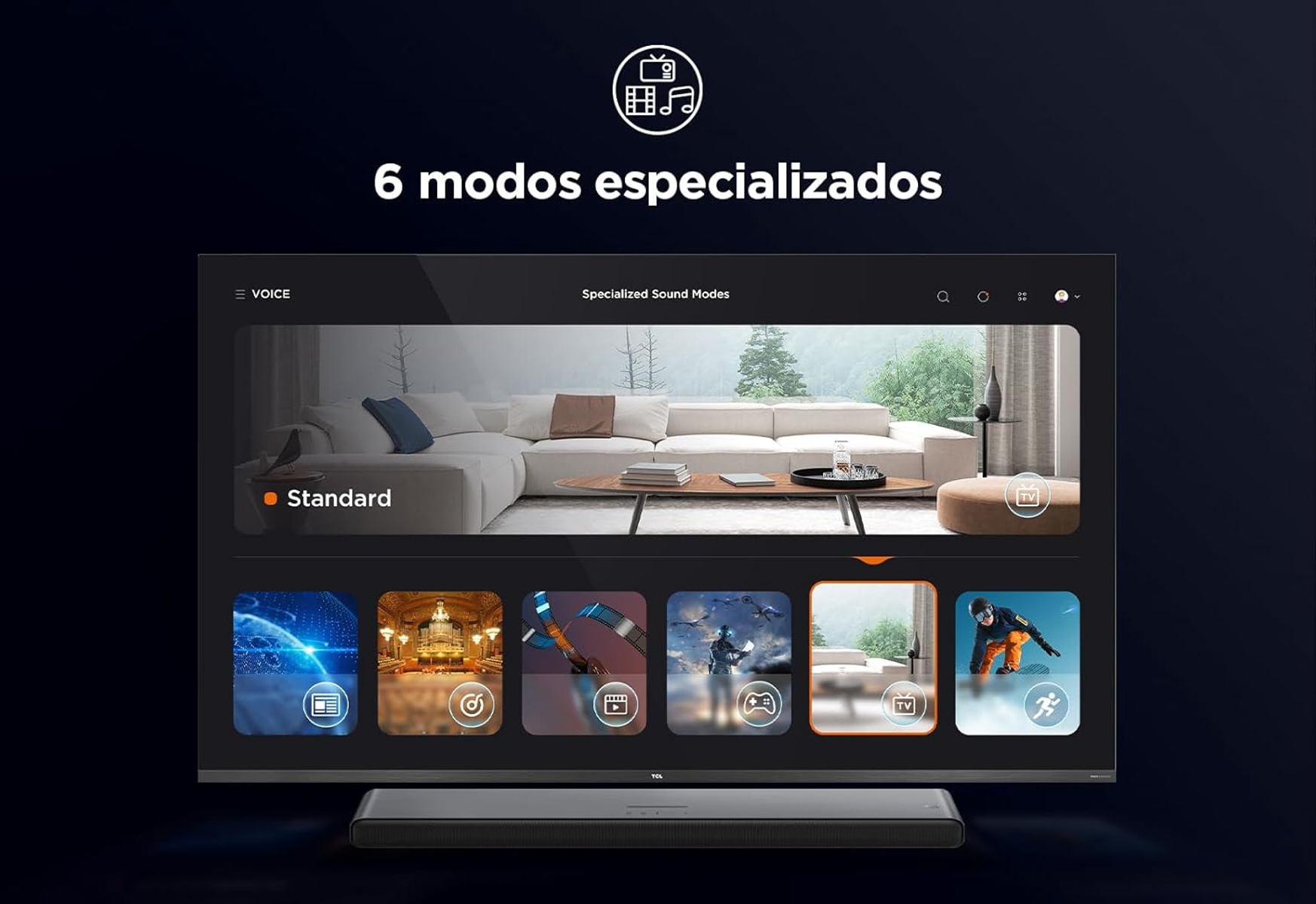 Ekran telewizora wyświetla 6 trybów dźwięku z obrazami salonu, sali koncertowej, snowboardzisty.