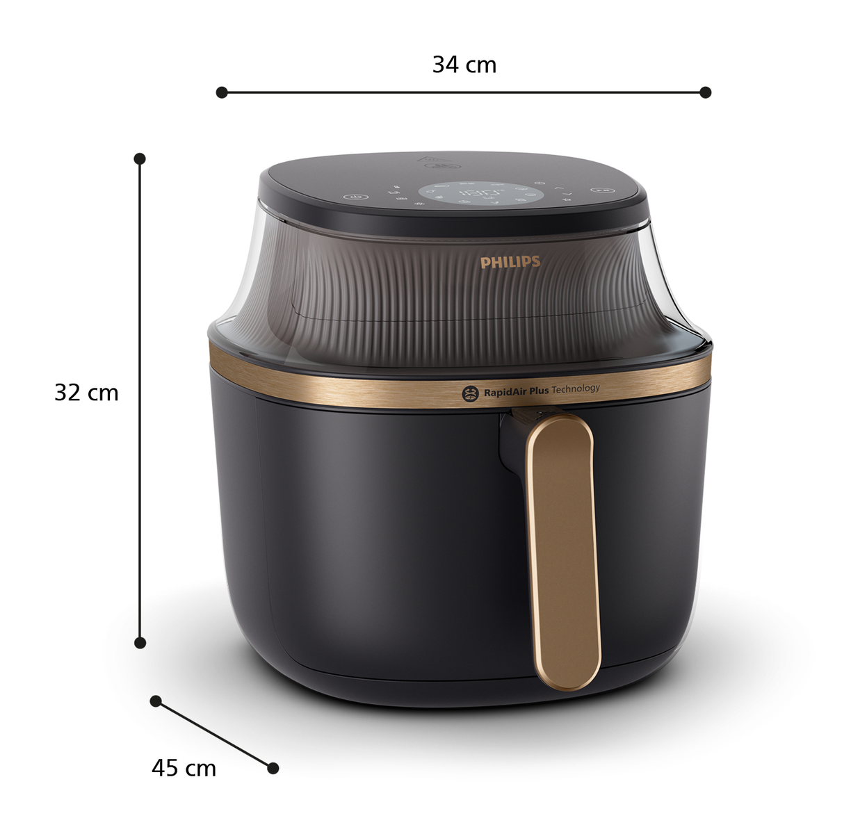 Czarna frytkownica beztłuszczowa Philips ze złotymi akcentami i cyfrowymi sterowaniem.