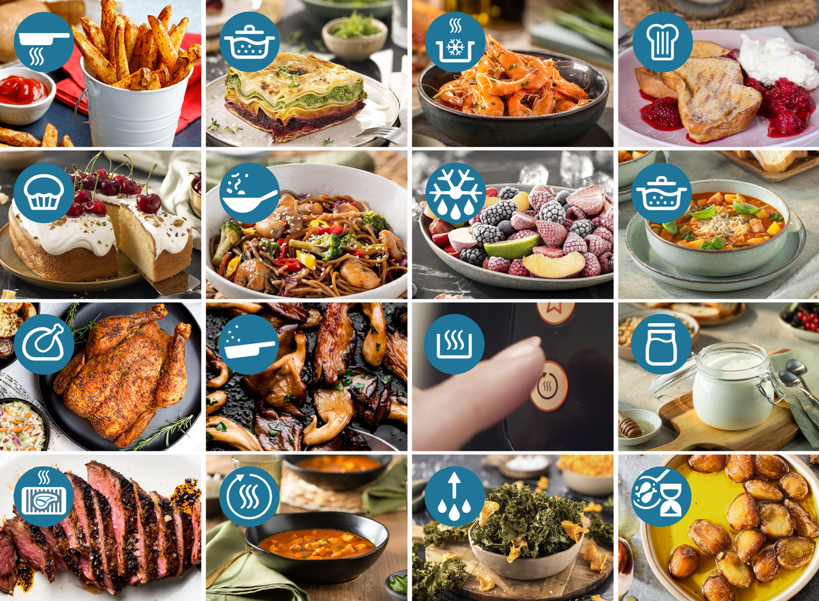 Frytki, lasagne, krewetki, tosty, ciasto, makaron, kurczak, grzyby, stek, zupa, jarmuż, ziemniaki.