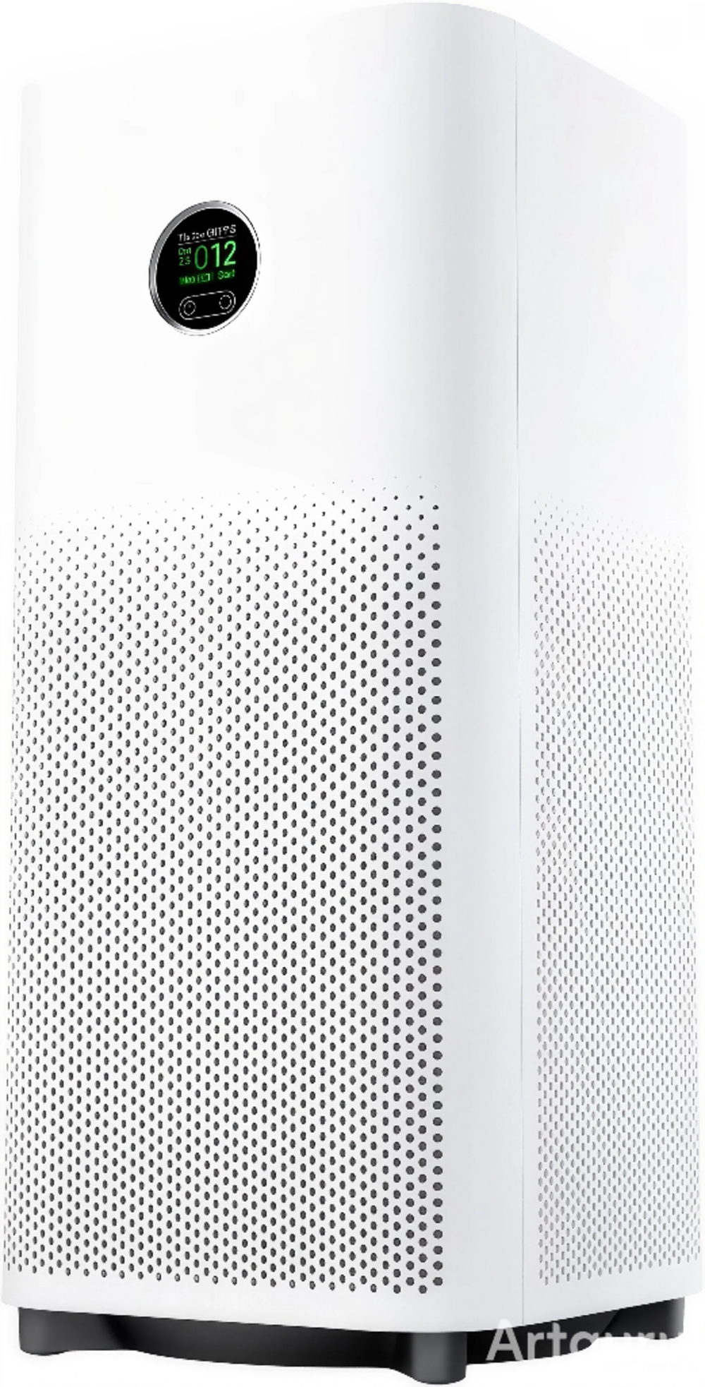 Un purificatore d'aria bianco con display digitale rotondo che mostra valori.