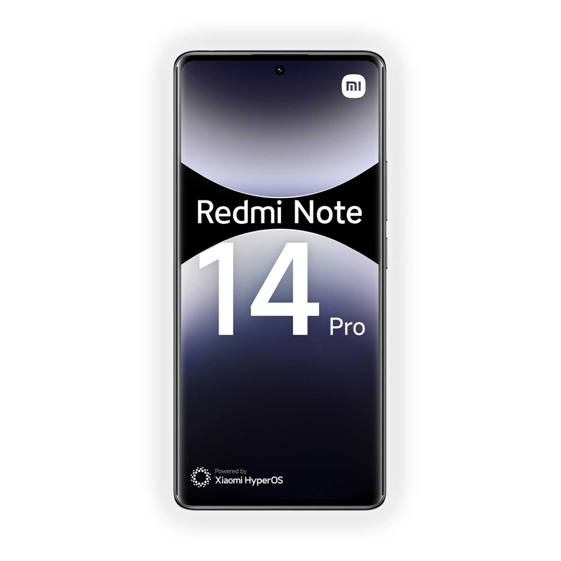 Smartfon z napisem Redmi Note 14 Pro i logo Xiaomi HyperOS.