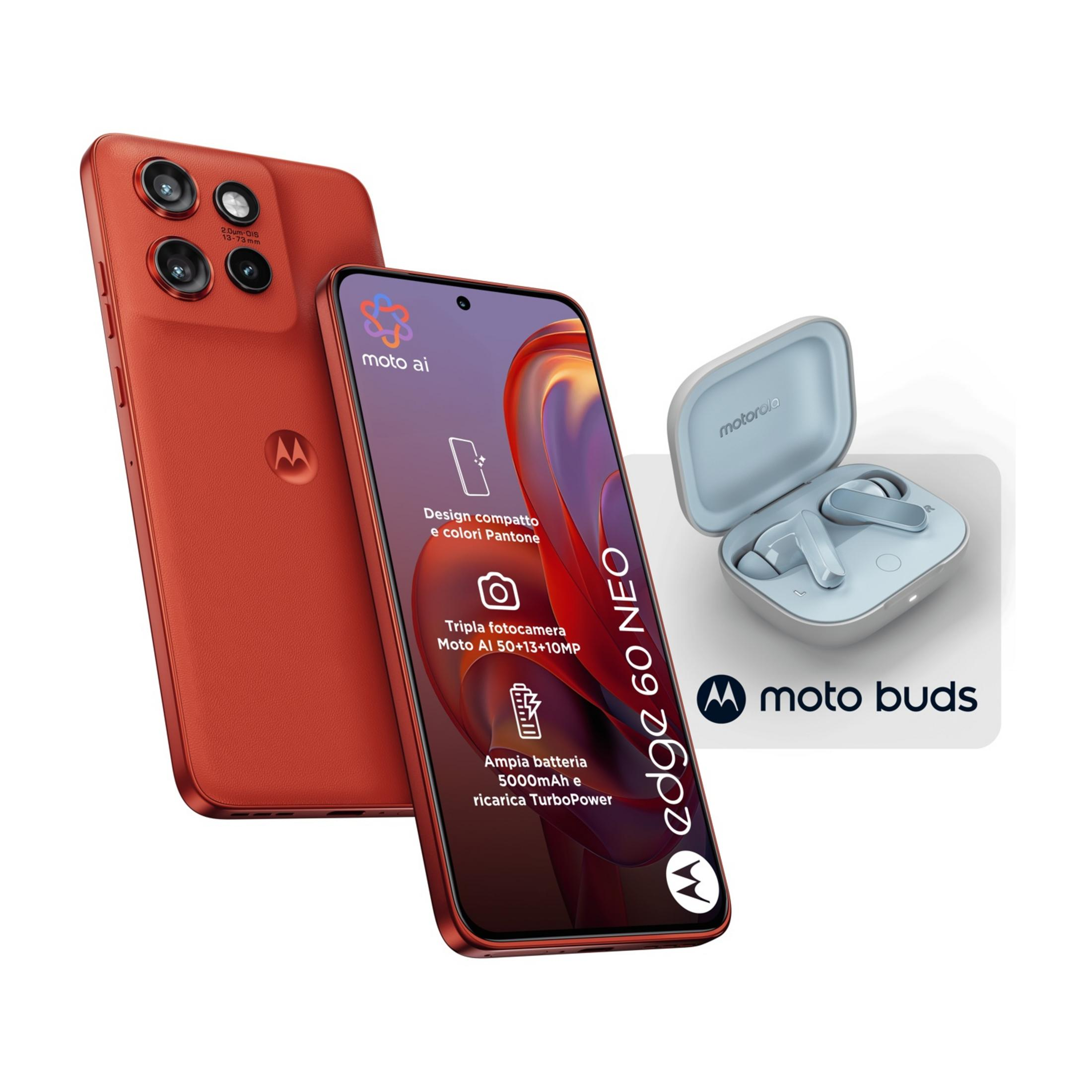 Czerwony smartfon Motorola Edge 60 Neo ze słuchawkami. Aparat 50 MP.