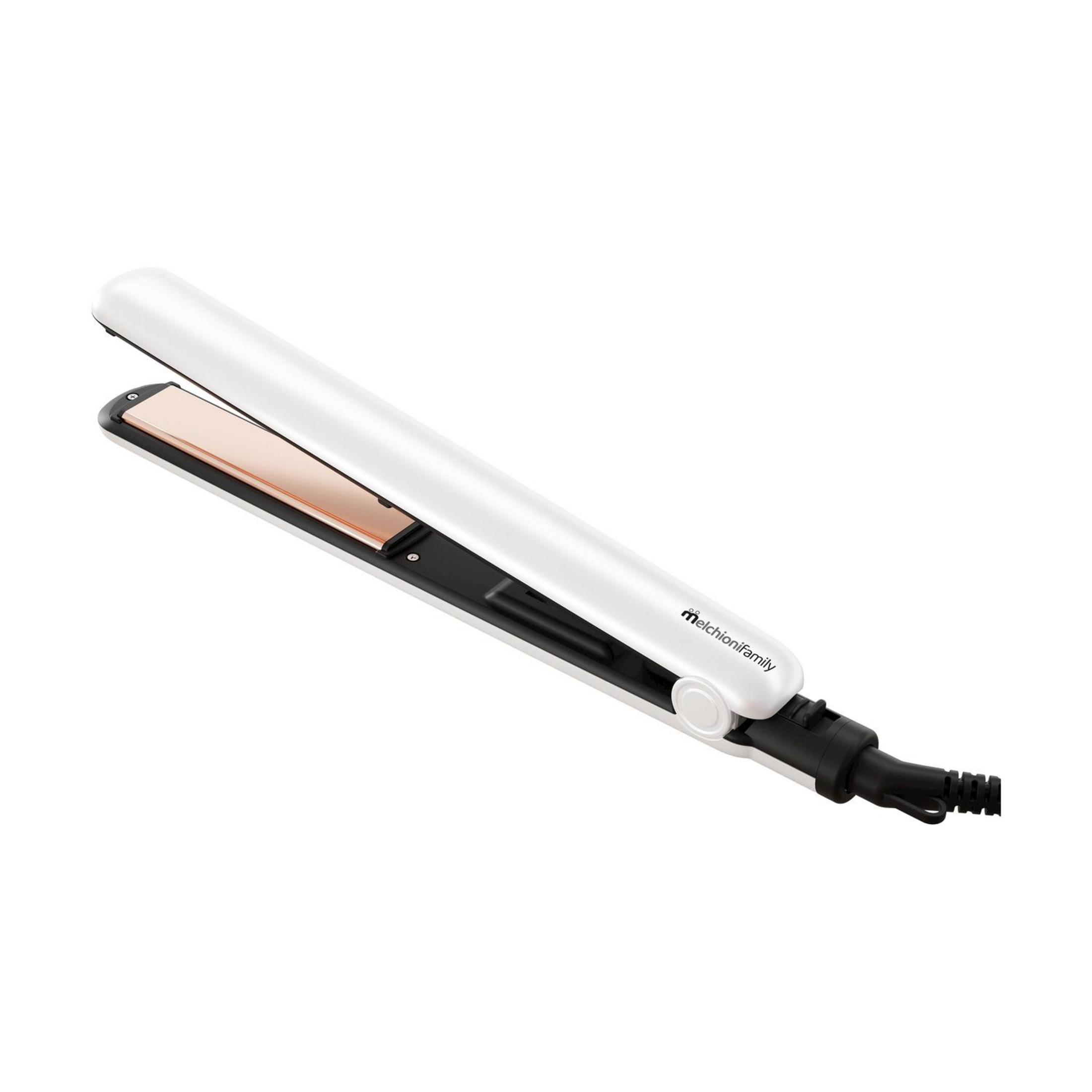 Ein weißer Haarglätter mit kupferfarbenen Platten und schwarzem Kabel.