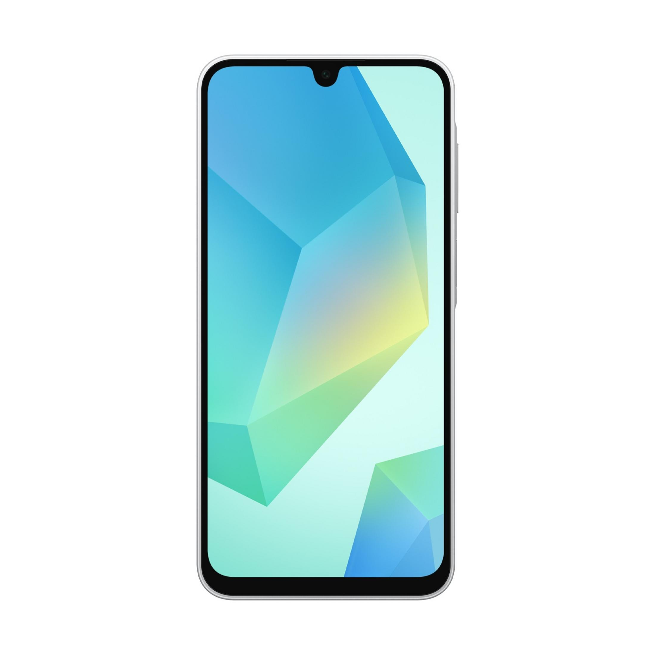Smartfon wyświetlający geometryczną tapetę w odcieniach niebieskiego, zielonego i żółtego.