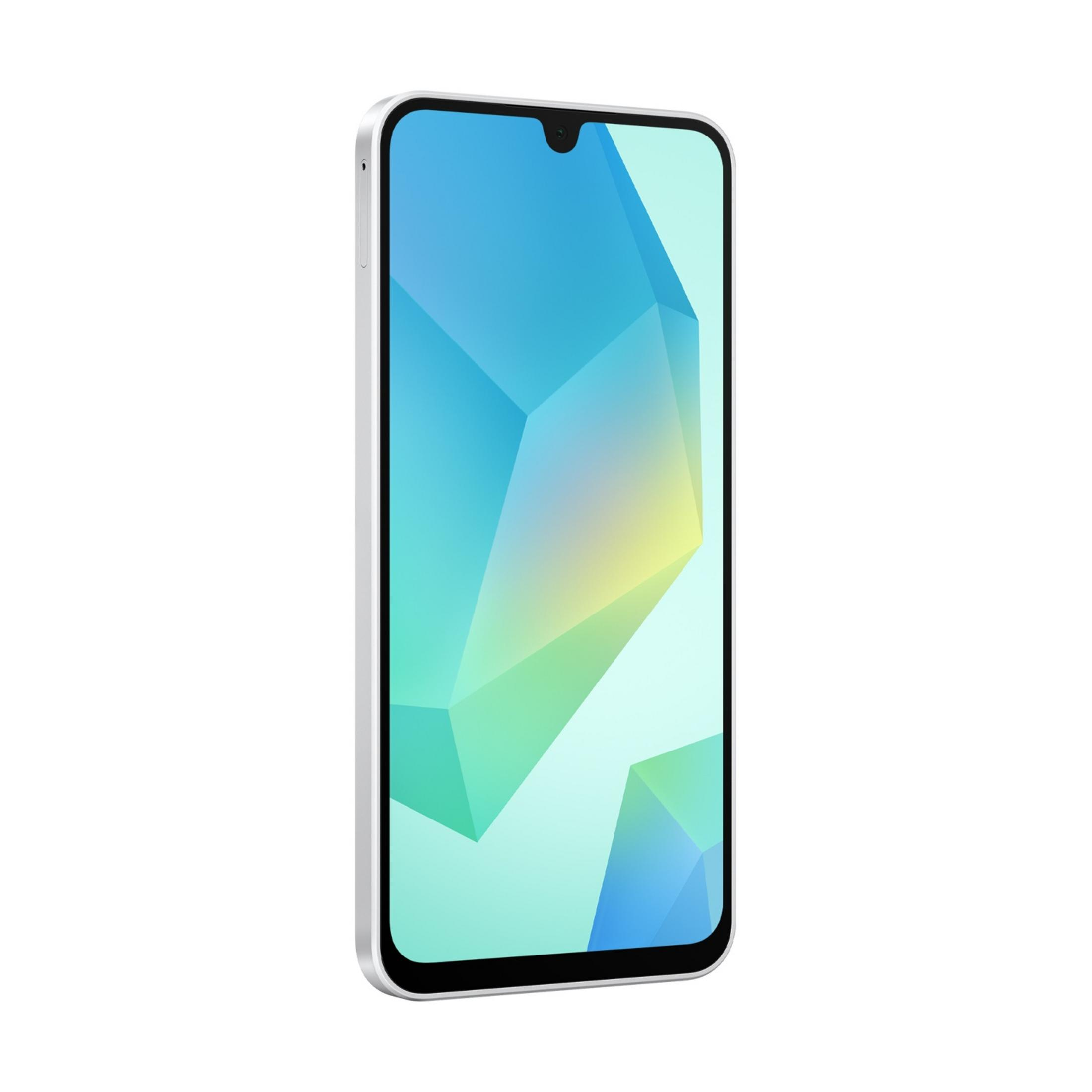 Srebrny smartfon z abstrakcyjnym niebiesko-zielonym tłem.