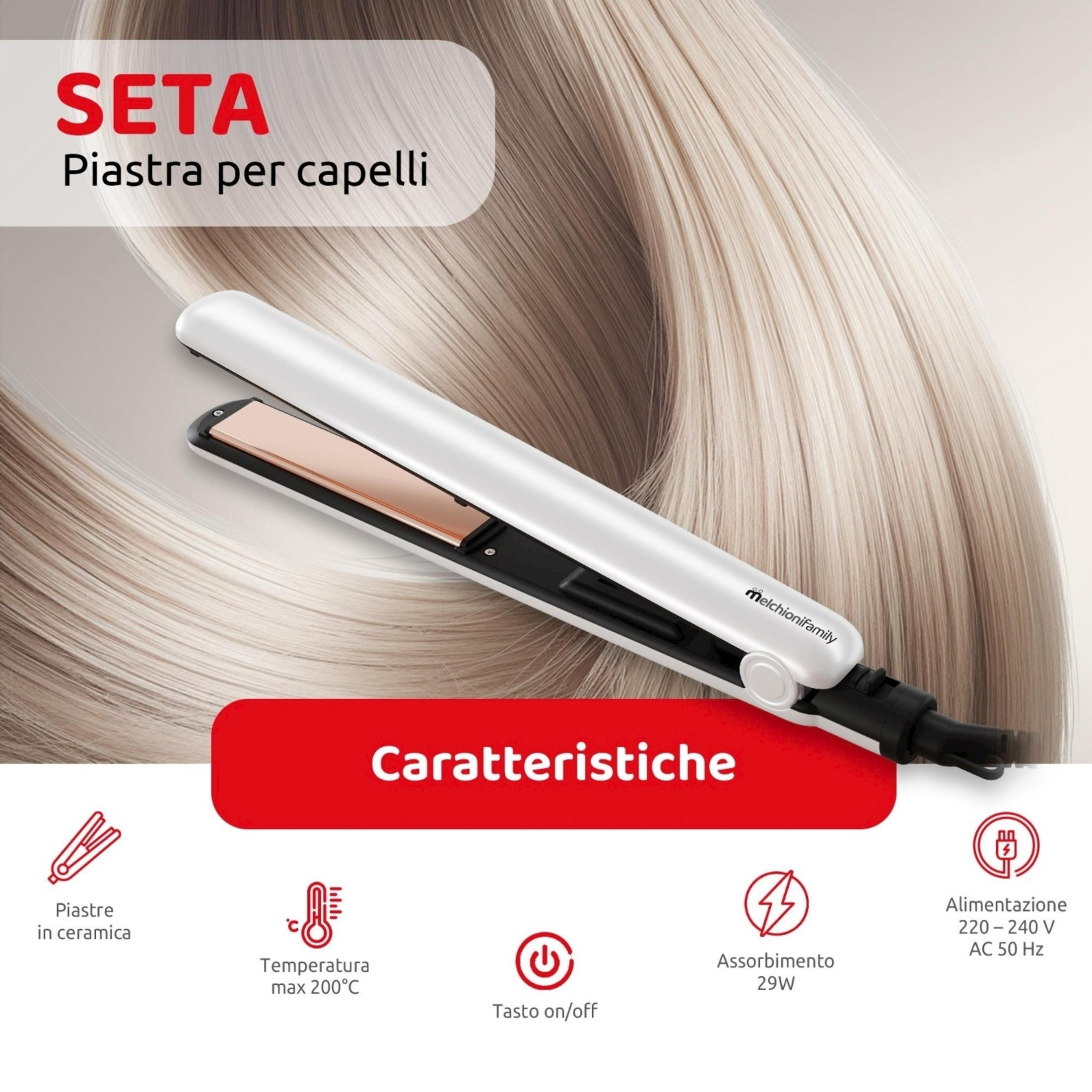 Ein weißer Haarglätter liegt auf blondem Haar. Merkmale: Keramikplatten, 200°C.