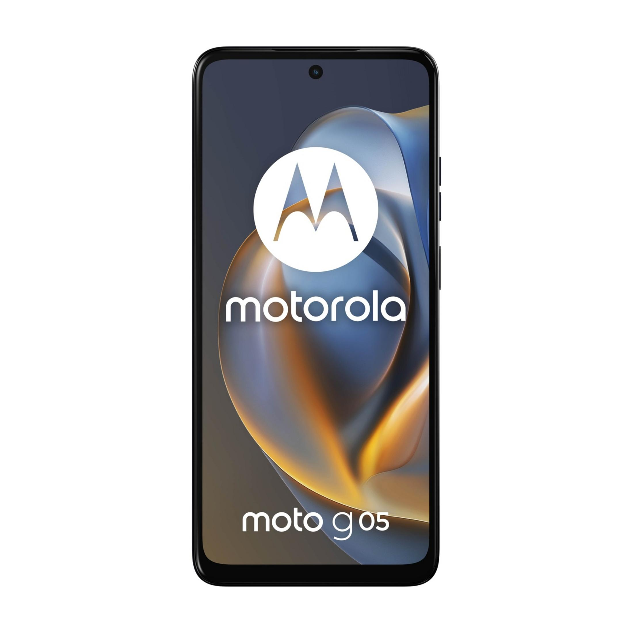 Czarny smartfon Motorola Moto G05 ze stylizowanym tłem.
