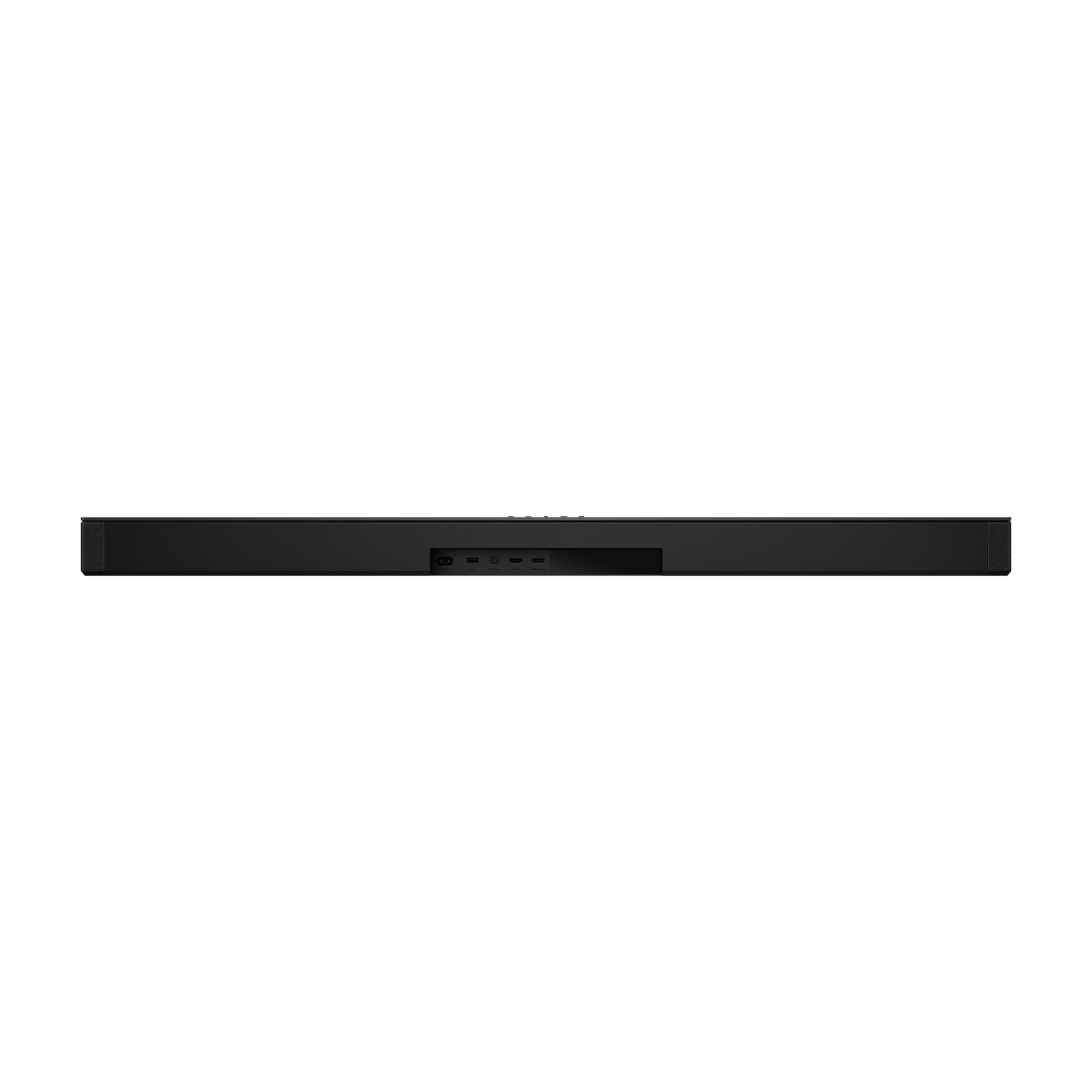 Barra de sonido negra con puertos en la parte trasera.