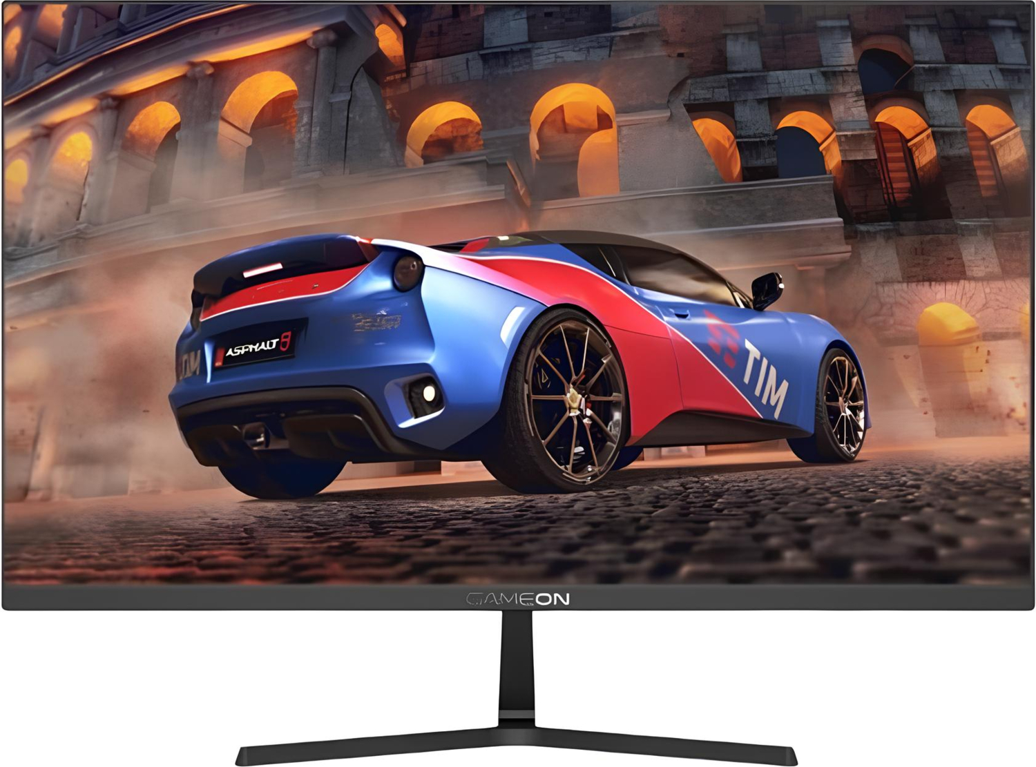 Kırmızı şeritli mavi yarış arabası tozlu antik bir arenada ilerliyor.