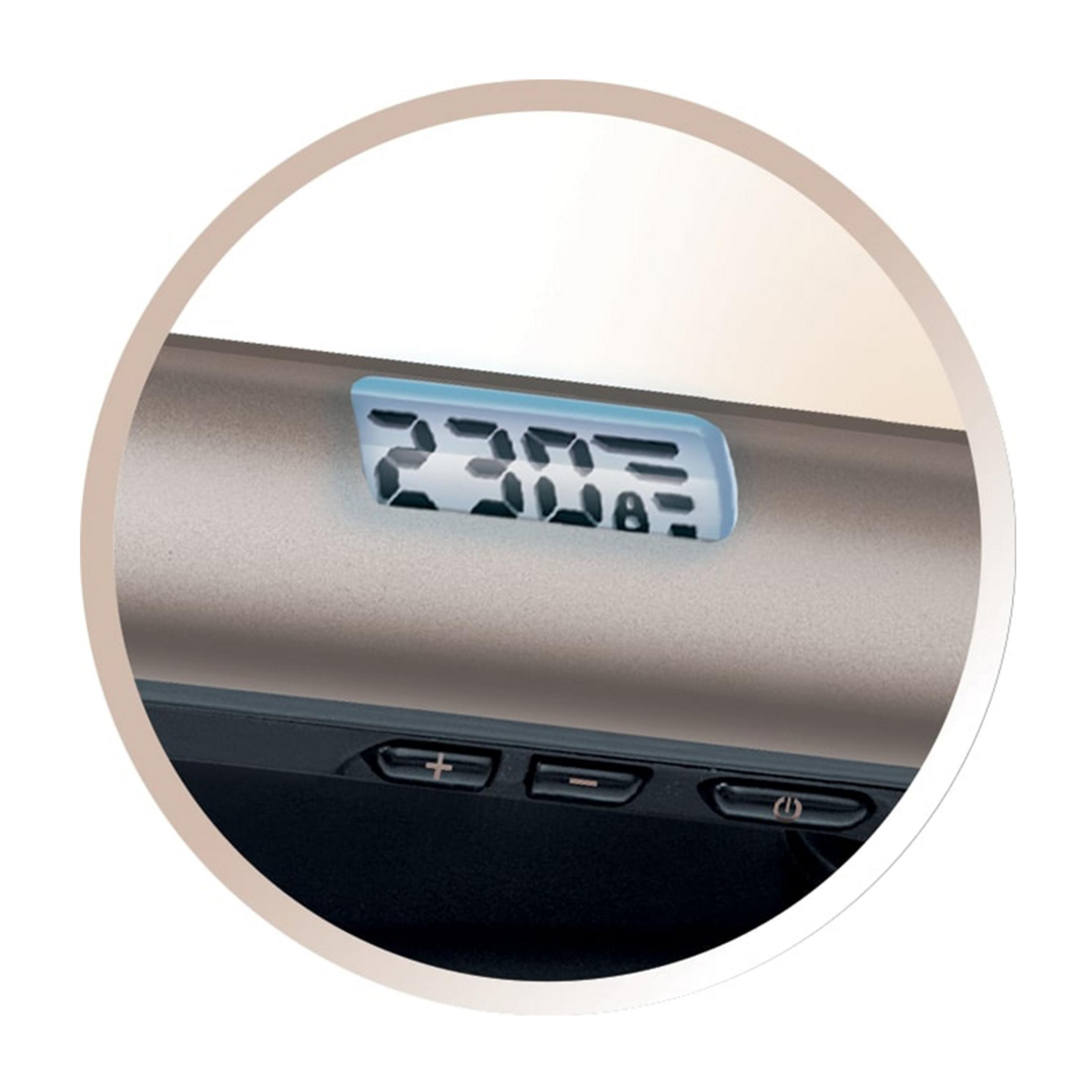 Cyfrowy wyświetlacz pokazuje 230°C, poniżej przyciski plus, minus i zasilania.