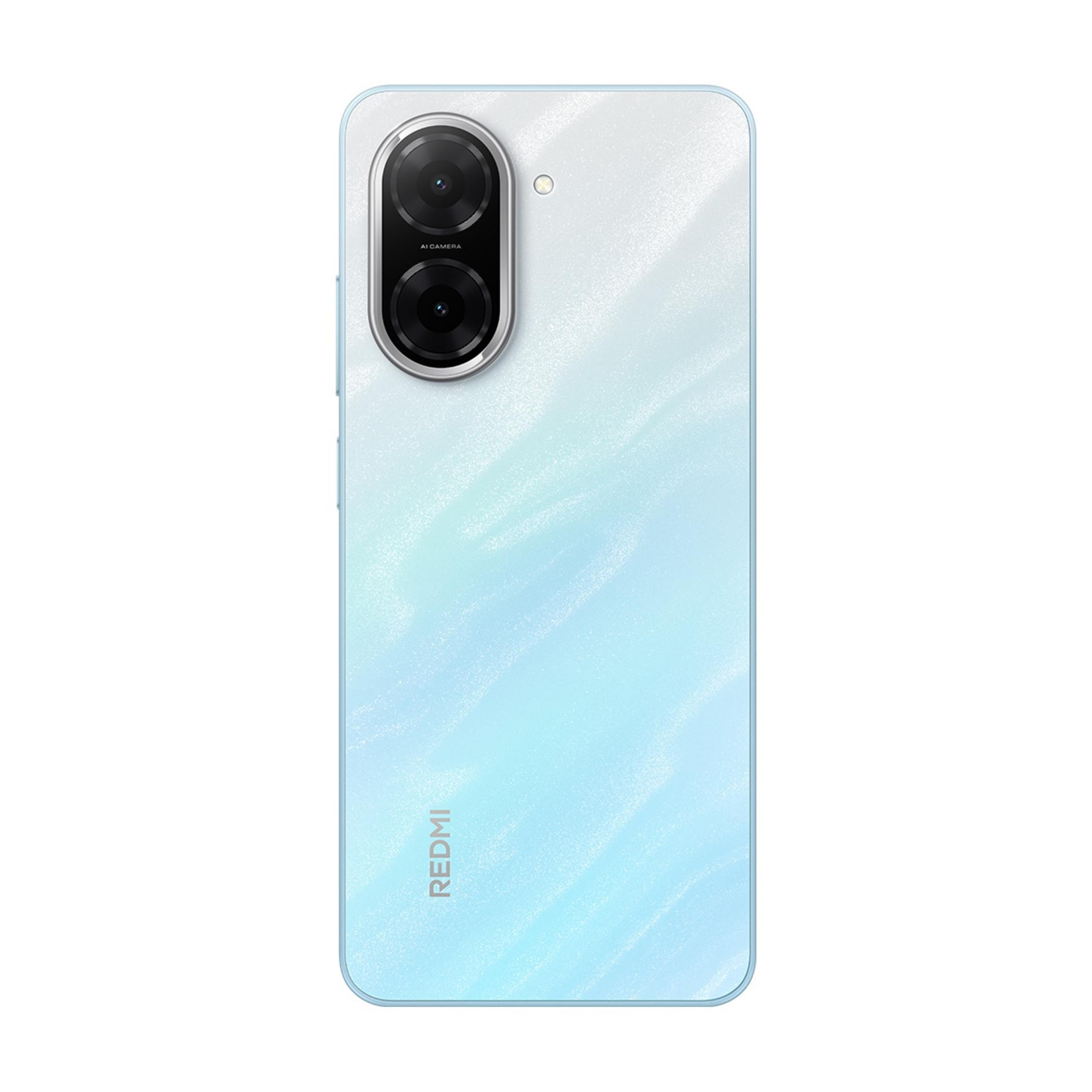 Back of a light blue smartphone with dual camera and Redmi logo.