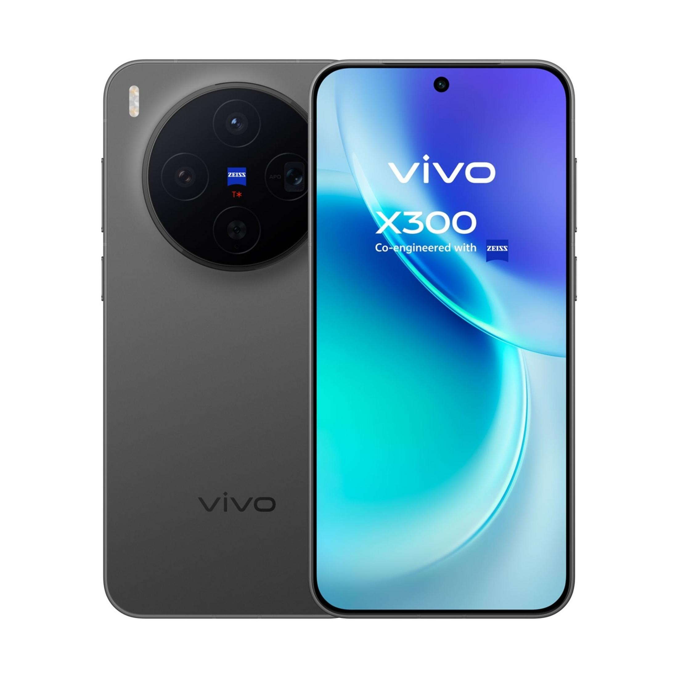 Smartphone Vivo X300 grigio con obiettivo fotocamera grande e sfondo blu.